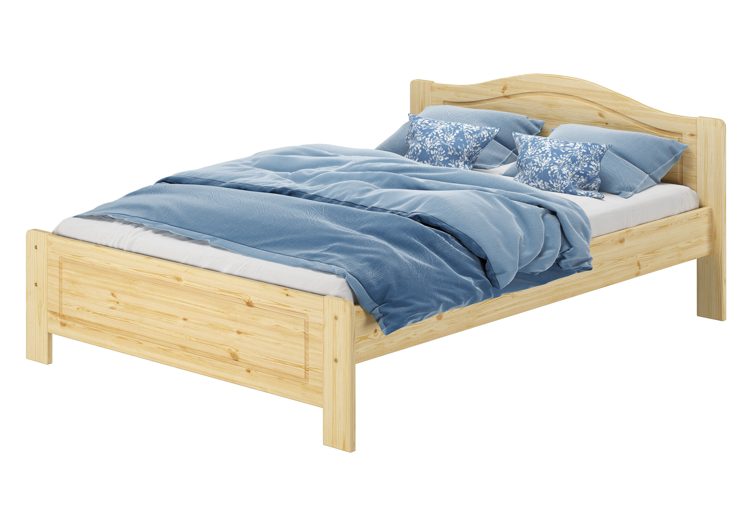 Kopfteil, Bettgestell, Holzbett, Bettwäsche, Bettdecke, Ehebett Kiefer natur