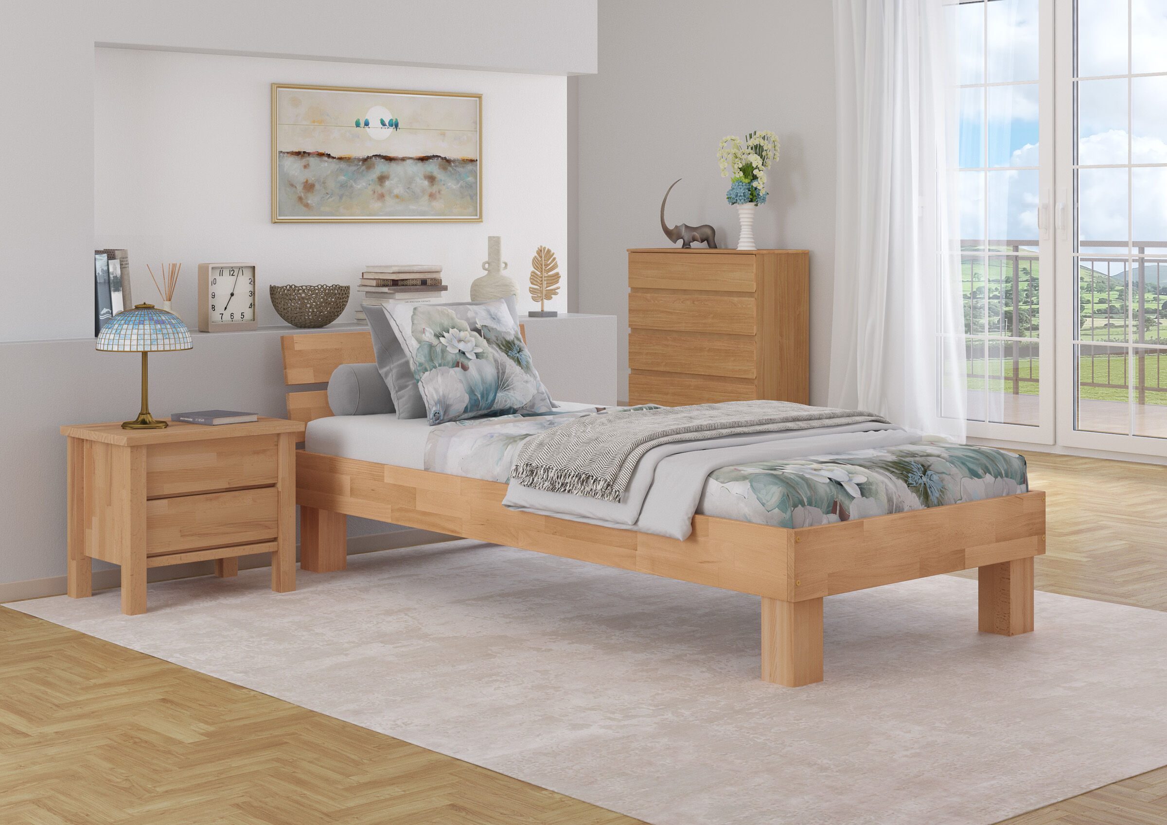 Holzbettgestell, Holzbettgestell, Bettgestell, Nachttisch, Kommode, Tischlampe, Bettwäsche, Wohnzimmer, Zimmerbild des Vollholzbettes in Überlänge 100x220 aus Buche
