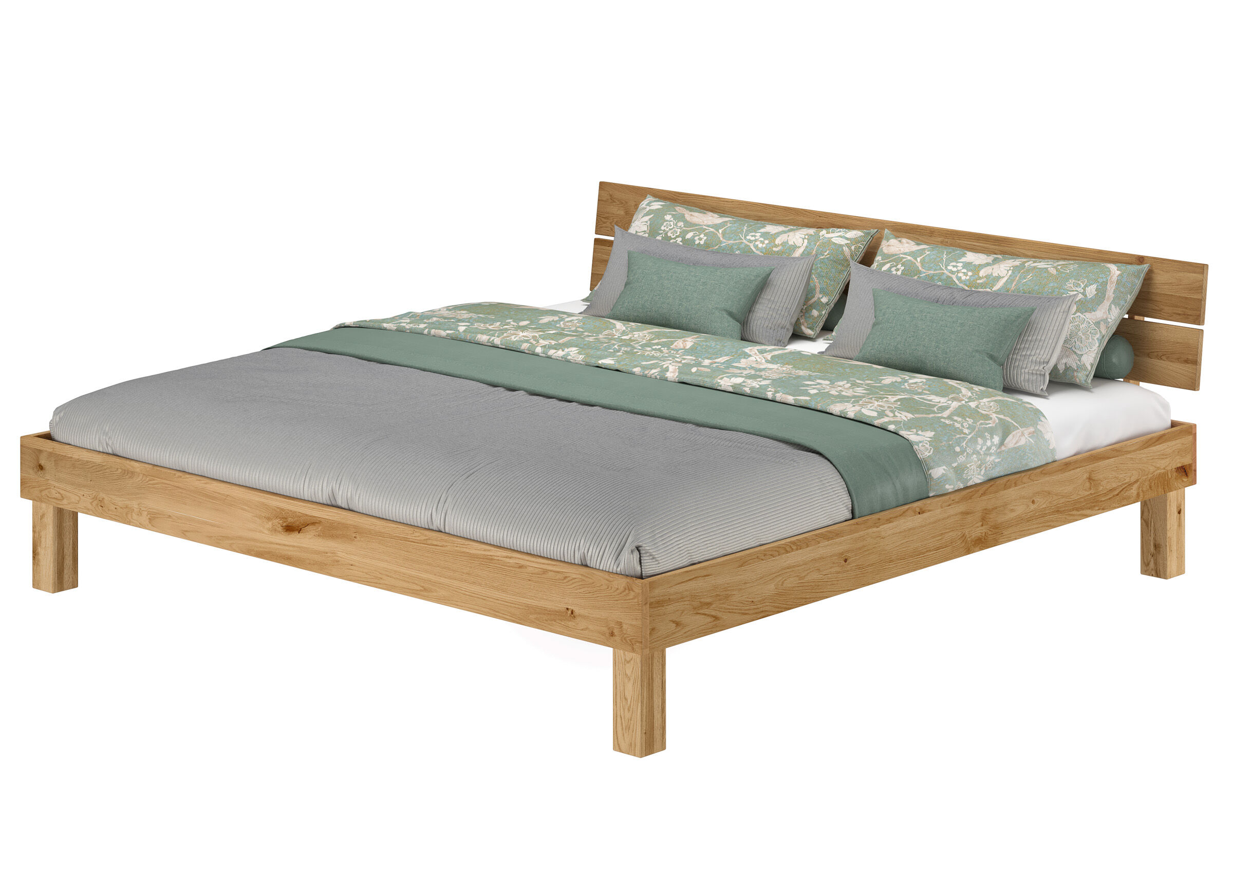 holzbettrahmen, bettgestell, holzbettrahm, grüner bettüberwurf, kissen-set, Stabiles Ehebett 200x200 aus Eiche