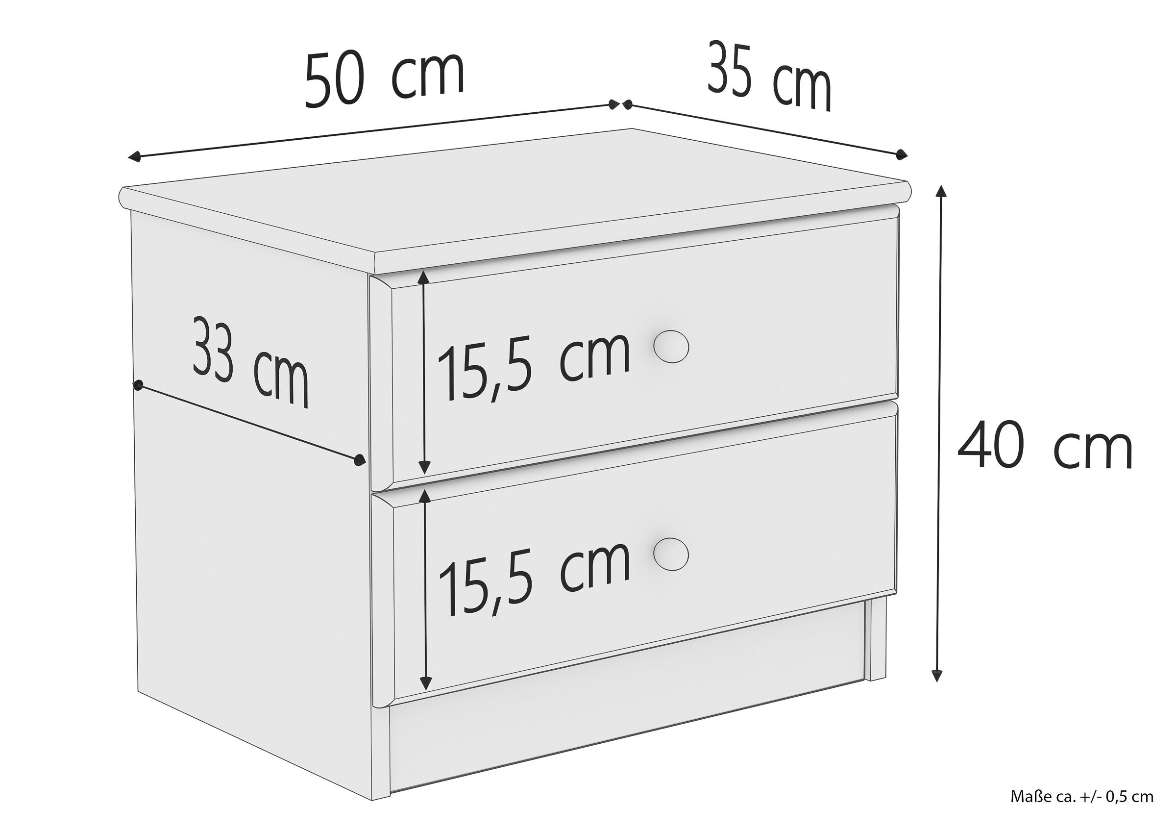 Nachttisch, Nachtkommode, Schubladen, Holzoptik, Maße 40 cm Höhe, Maßskizze des Nachttisches