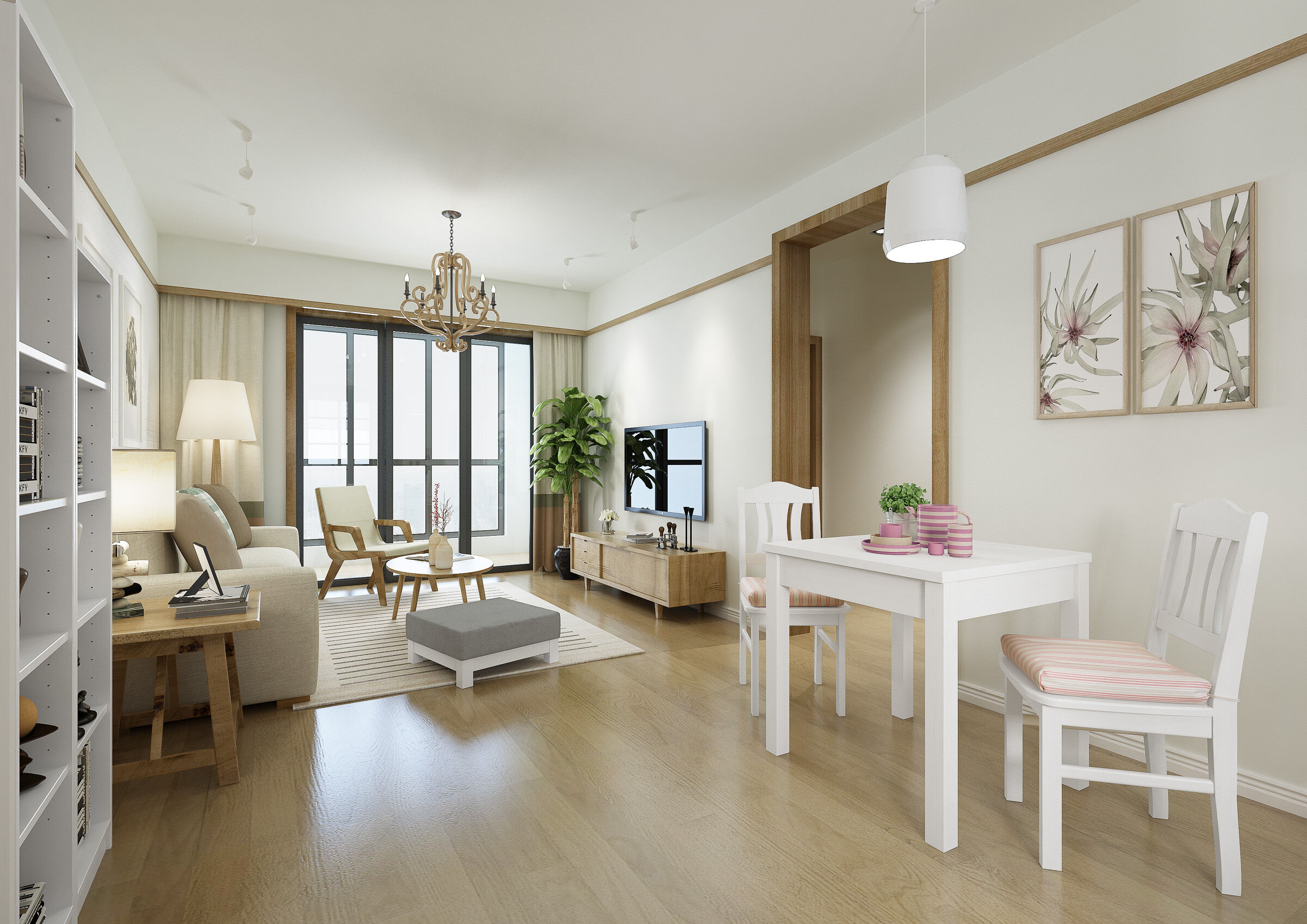 Wohnzimmer, Wohnmöbel, Esstisch, Hängelampe, Holzboden, Tisch mit Stühlen weiß