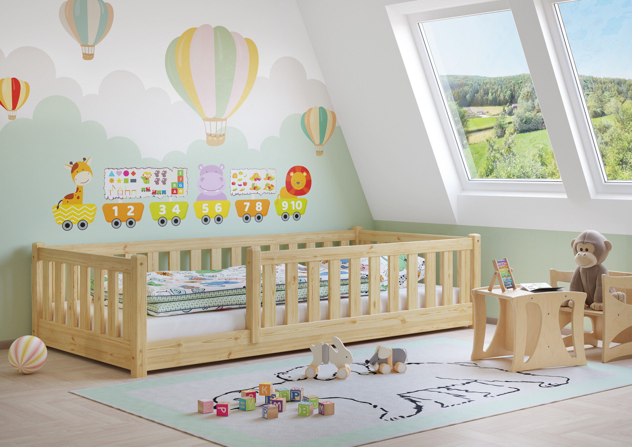kinderbett, holzbetten, wandelement, spielzimmer, spielzeug, Zimmerbild des Babybettes 90x200 mit Rundumsicherung