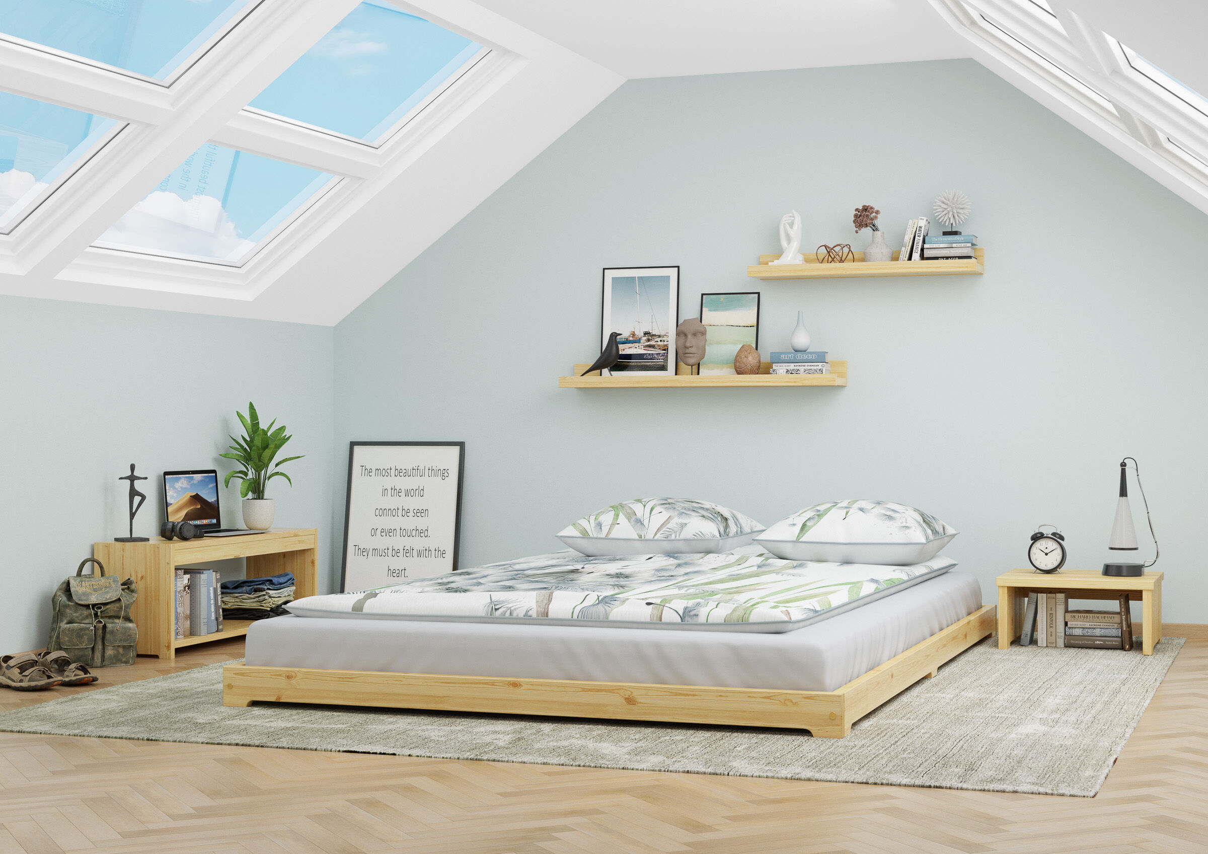 Bett, Boxspringbett, Kissen, Lampe, Teppich,