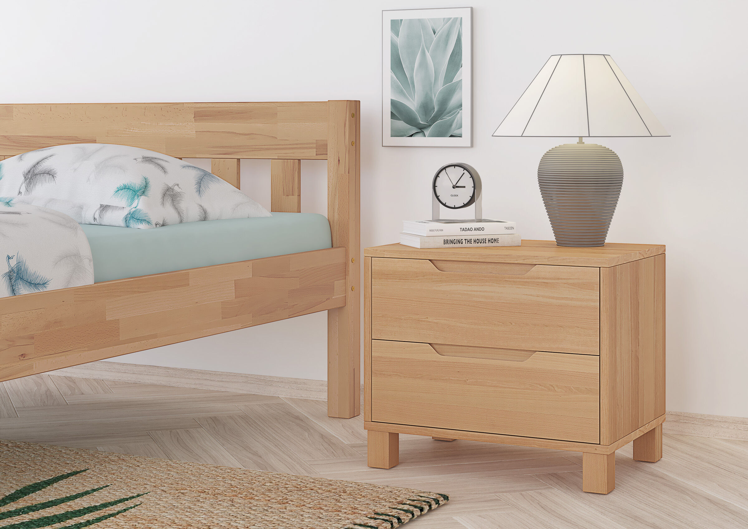 bett, holzbettrahmen, nachttisch, lampe, bettwäsche, schlichter Nachttisch aus Buche