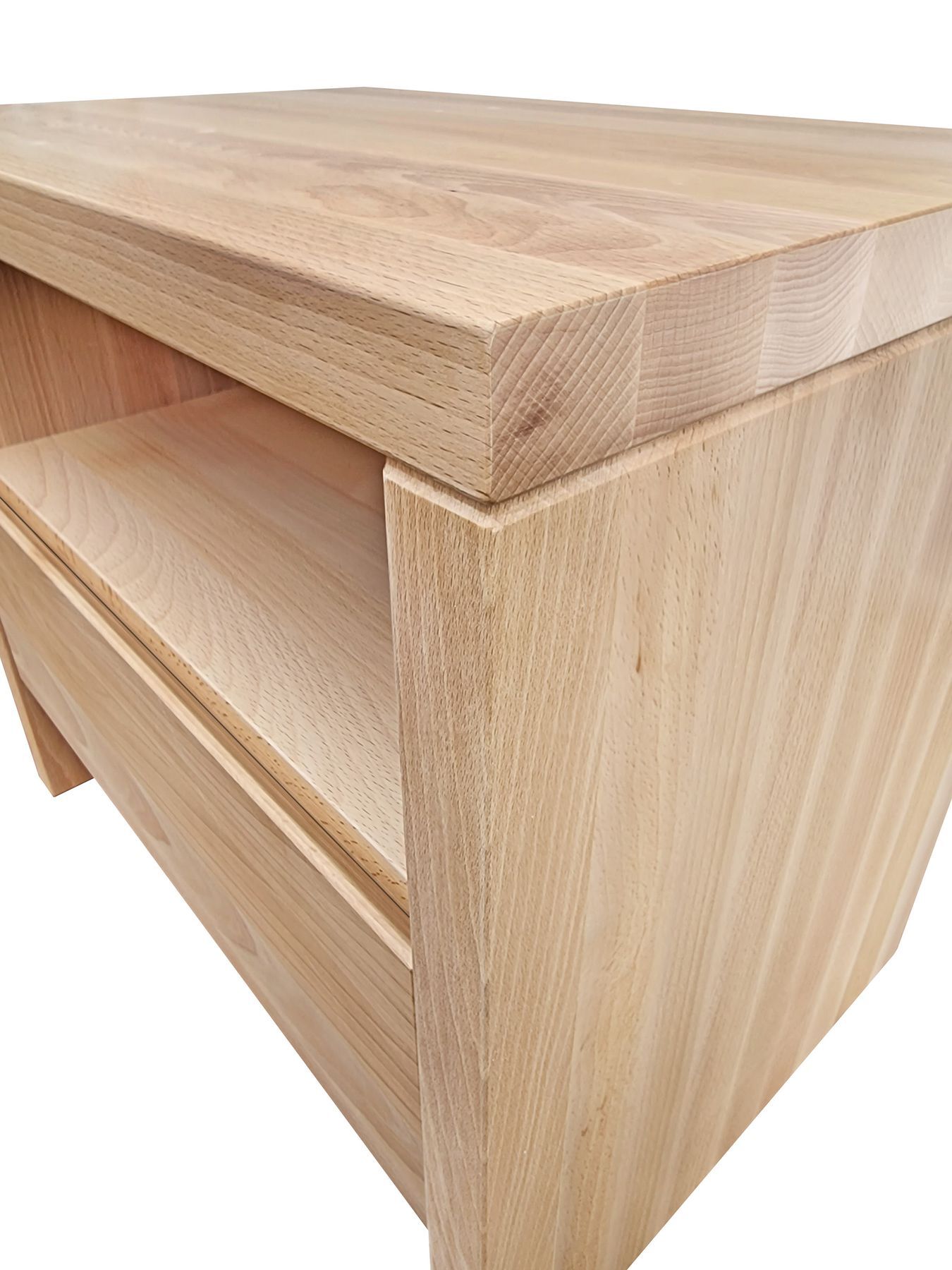 Holztisch, Massivholz, Kiefer, Nachtkommoden-/Werkbank-Style, Holzmaserung, Eine Schublade Nachtkästchen