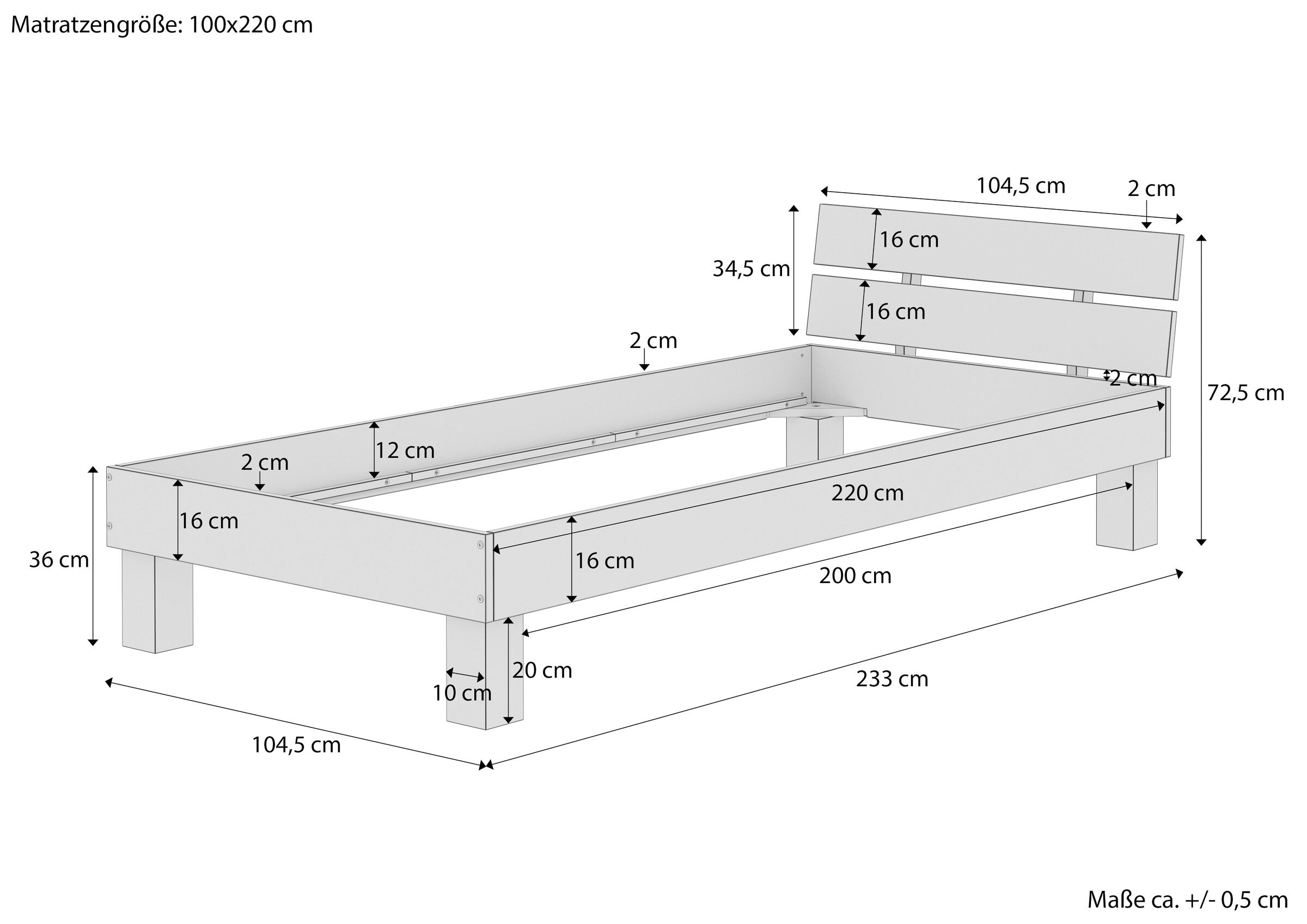 bettgestell, holzbettrahmen, massivholz, lattenrost, mattress frame, Maßskizze des geölten Futonbettes 100x220