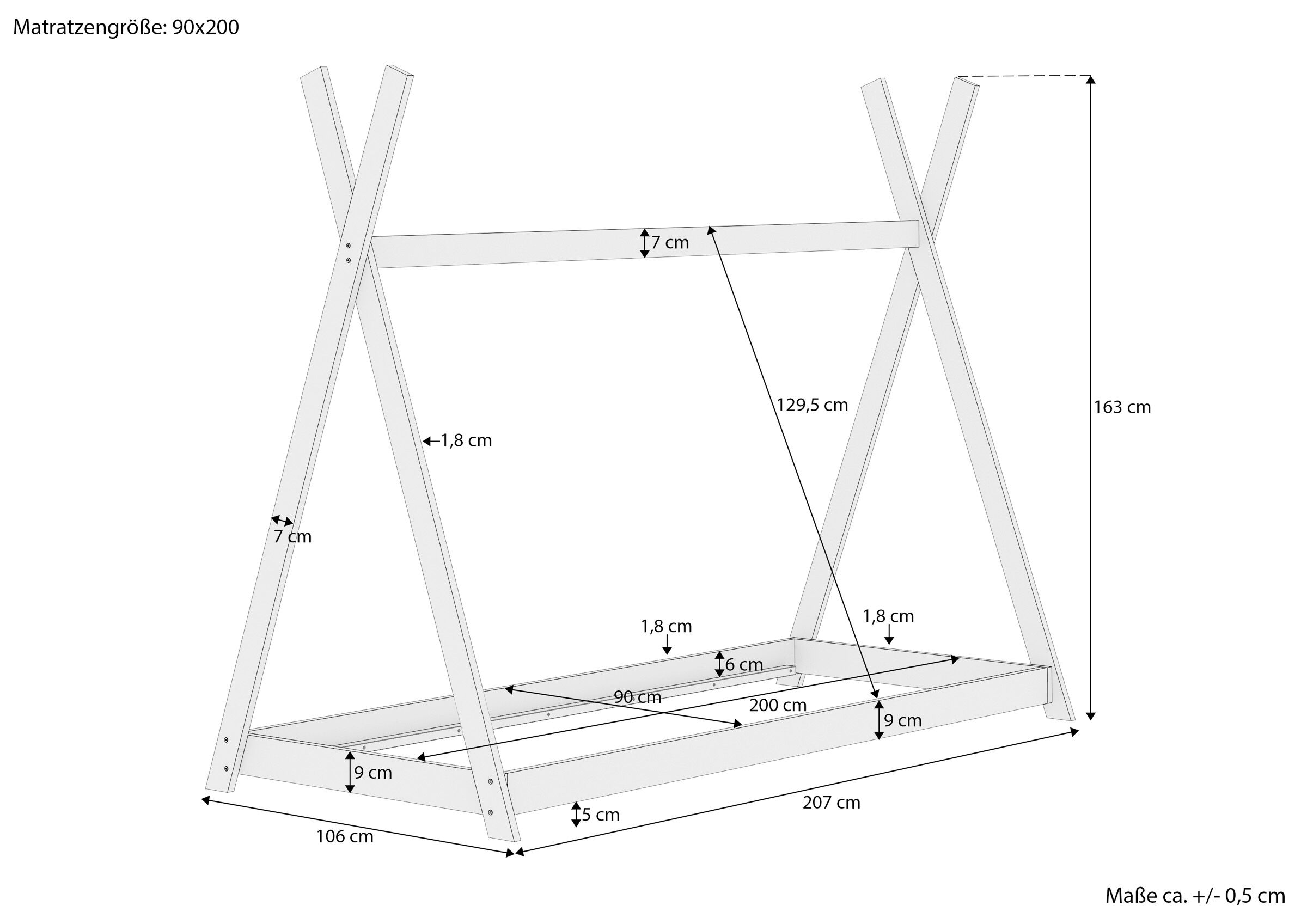 Baukasten, Kinderbett, Holzrahmen, Schlafgestell, Matratzenträger, Maße des Einzelbettes 90x200 in Tipi-Form