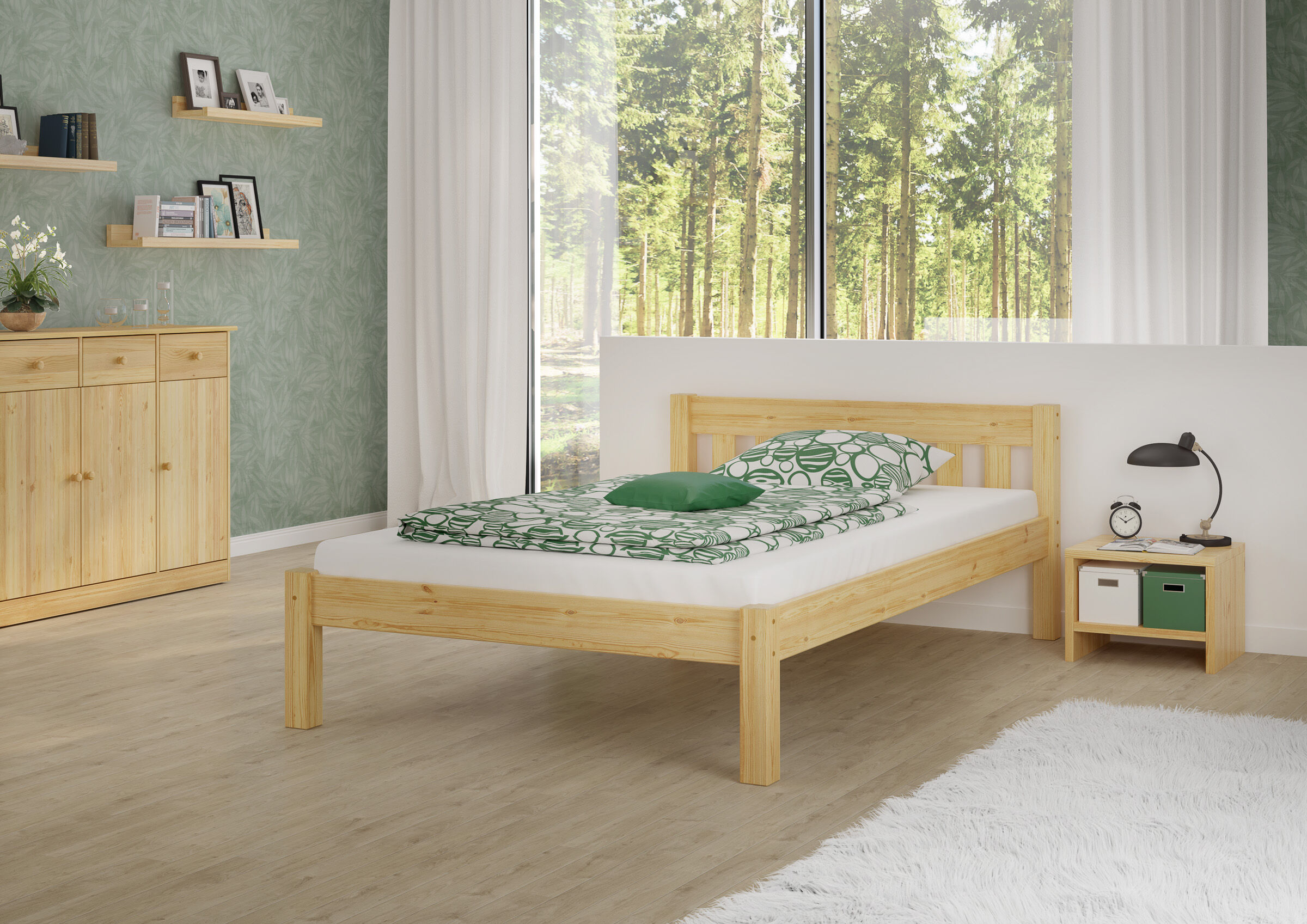 holzbettrahmen, einzelbett, naturholz, grüne bettwäsche, nachtisch, Schlafzimmer mit breitem Kiefernholzbett