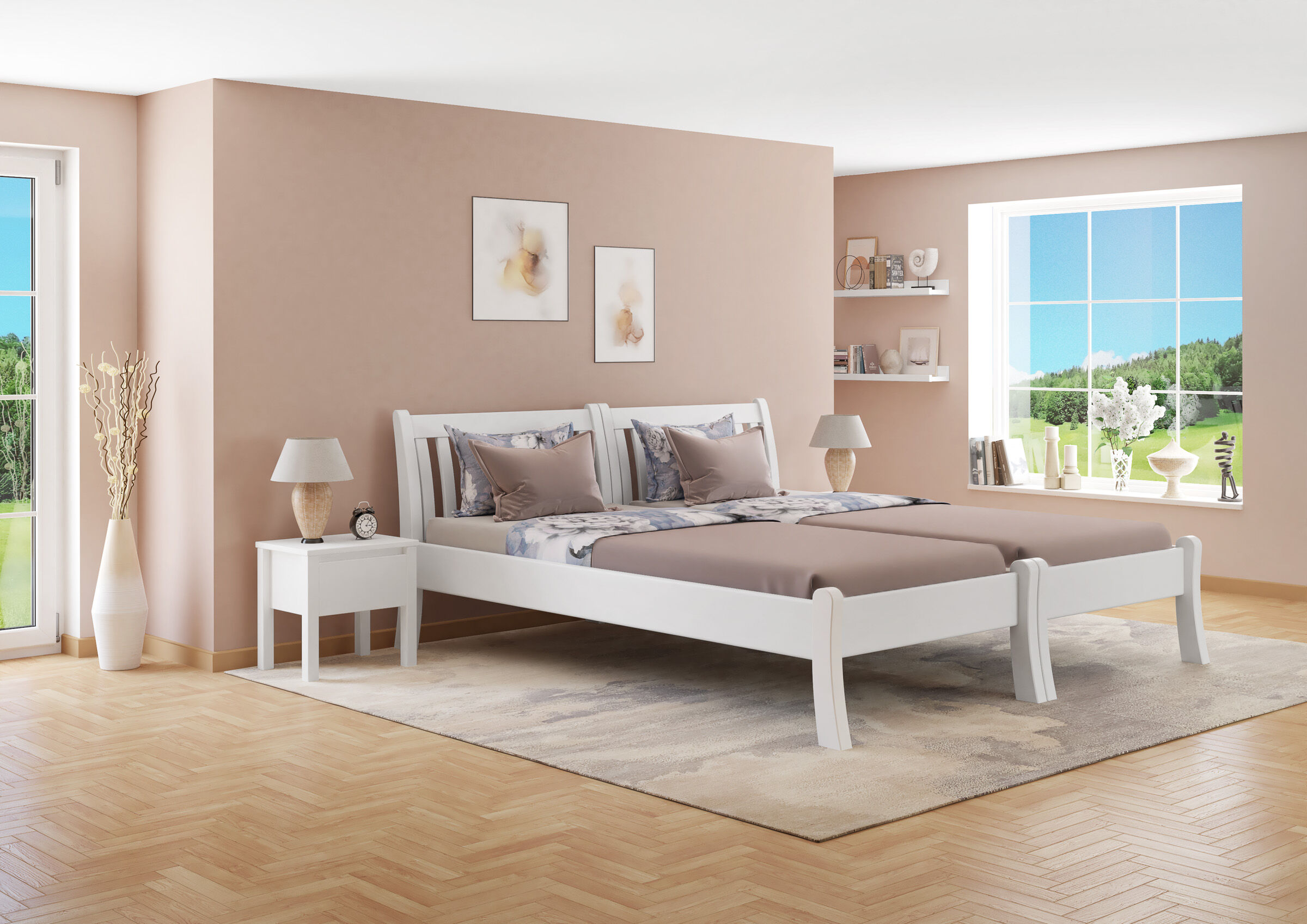 bett, schlafzimmer, weißes bettgestell, duvet, neutrale dekoration, Zimmerbild elegantes Kiefer Bett weiß