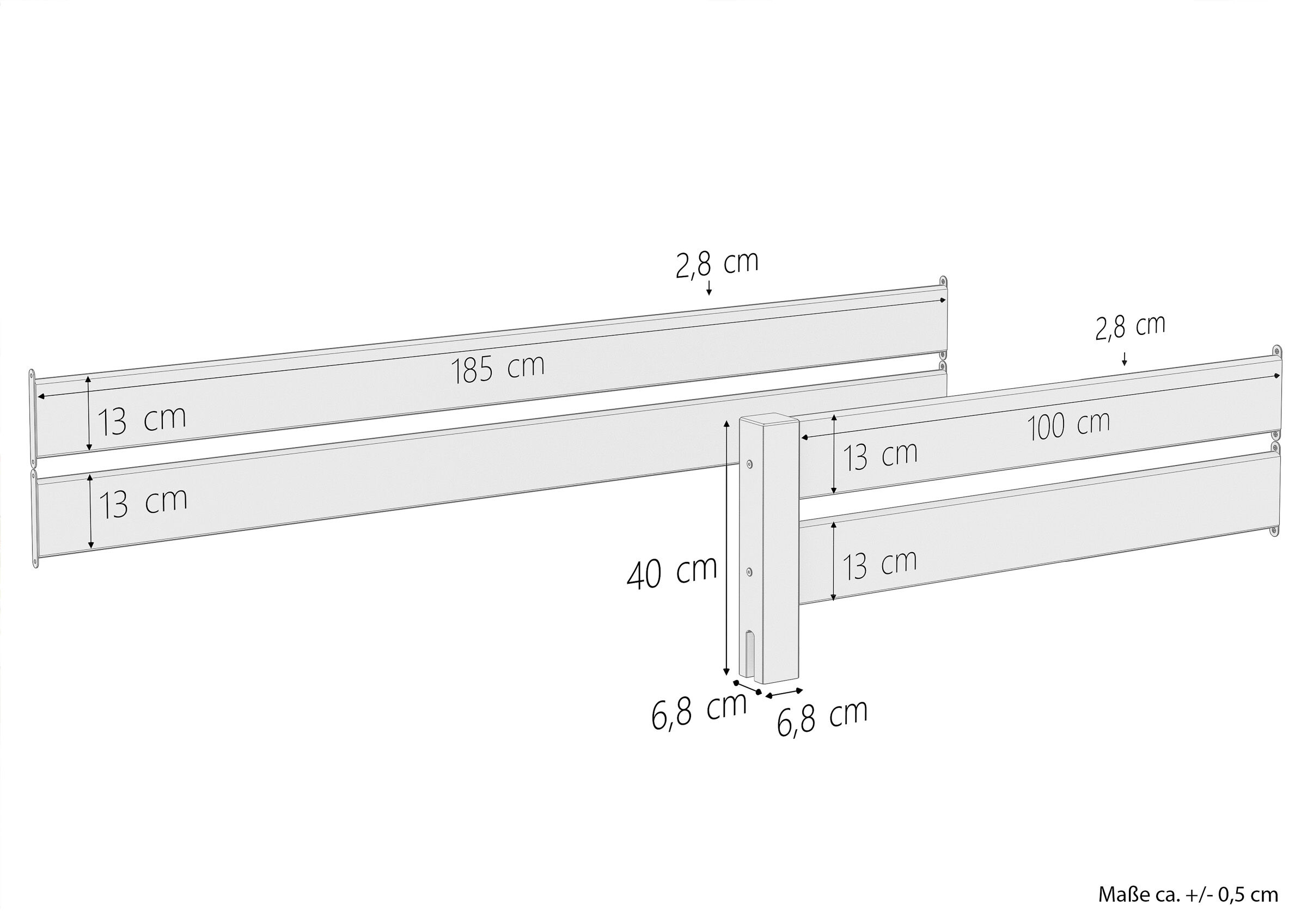 Kopfteil, Lagerung, Bettgitter, Holzlatten, Maße 185 cm, Maßskizze des kürzeren Gitters