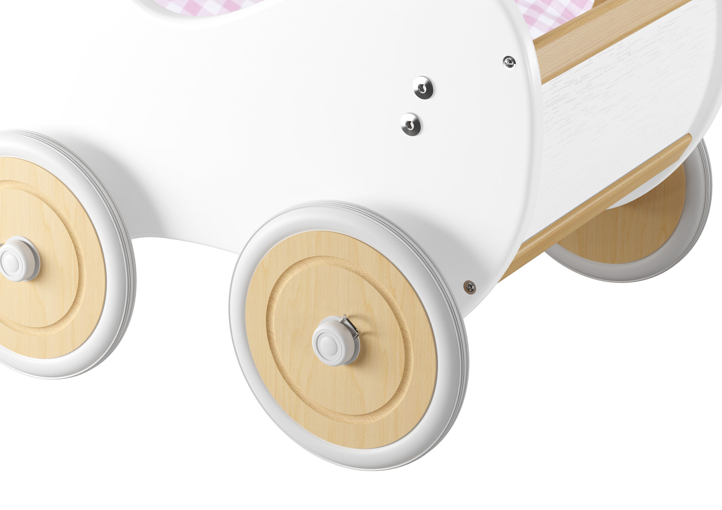 Kinderwagen, Wagen, Holzrad, Holzreifen, weiß, Reifen des Puppenwagens