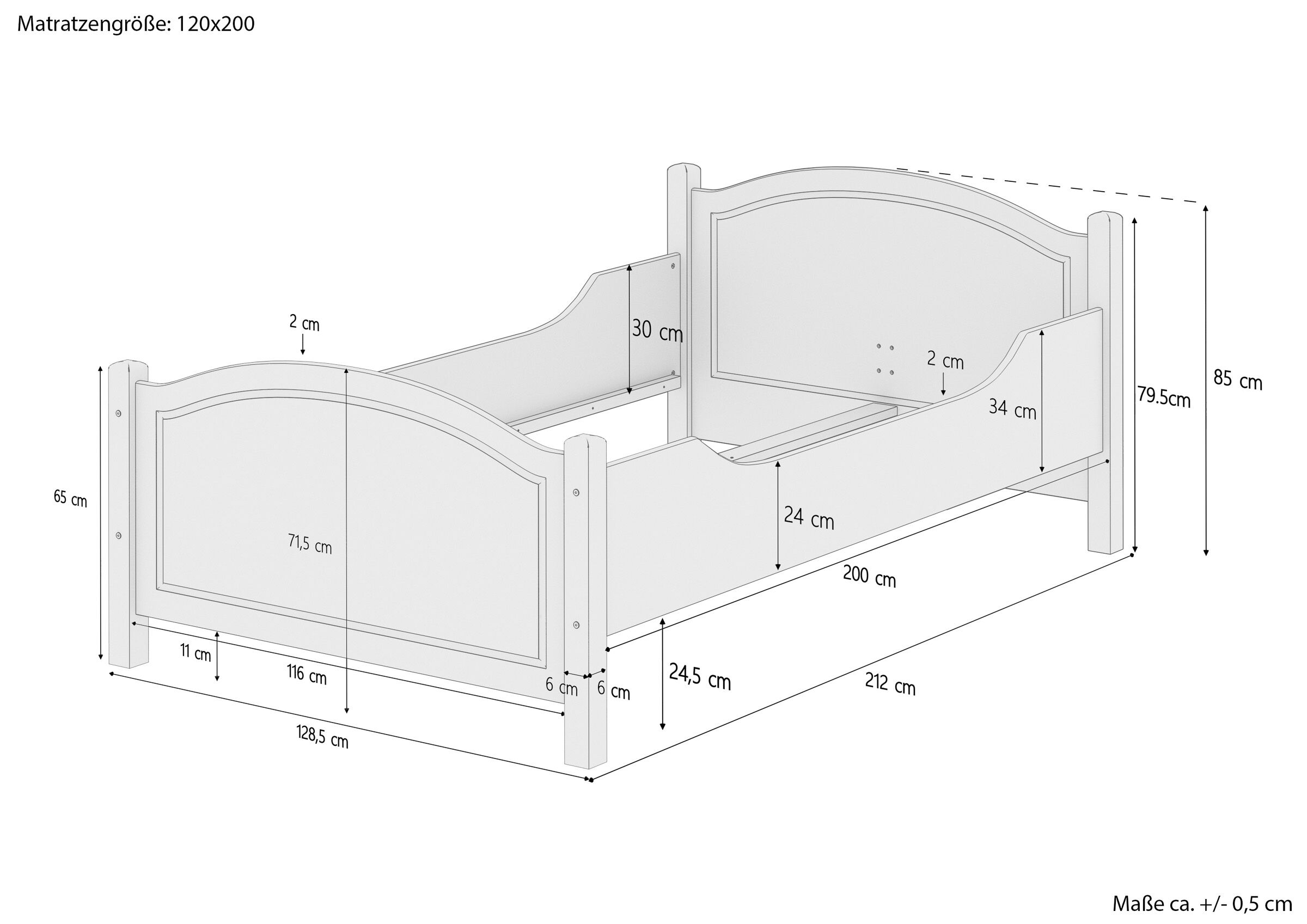 Einzelbett, Holzbett, Kopfteil, Fußteil, Matratzenmaß 120x200, Skizze mit Maß des hohen Bettes 120x200