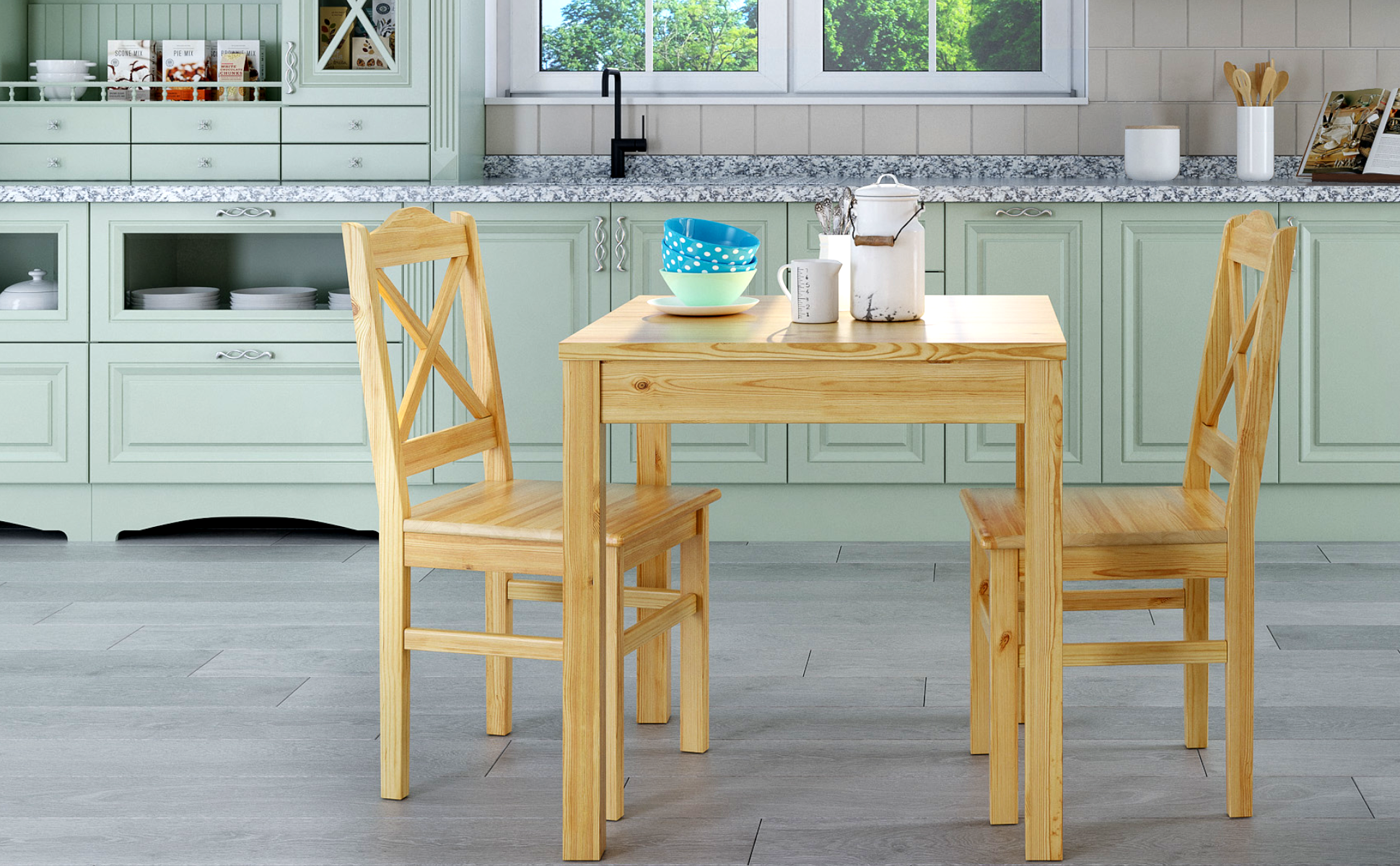 kitchen, table, wooden chairs, kitchen cabinets, dishes, Essgruppe aus massiver Kiefer in Küche mit Deko, Stuhlmodell 20, klar lackiert, 75 x 75 cm, Tischbeine Glatt