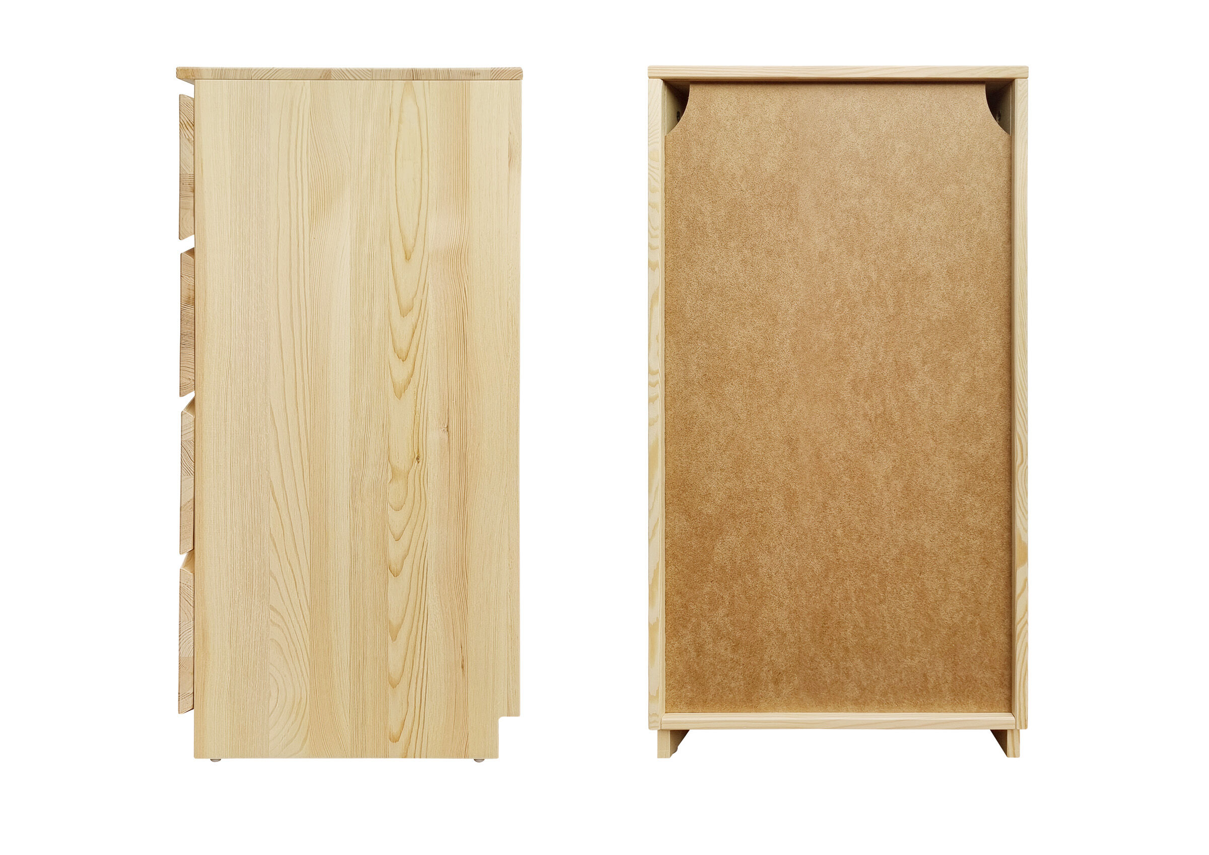 Holzschrank, Schubladenschrank, Kiefernholz, Fliesenfrei?, Korpus aus Holz, Detailbild des Holzsideboard von der Seite und von hinten