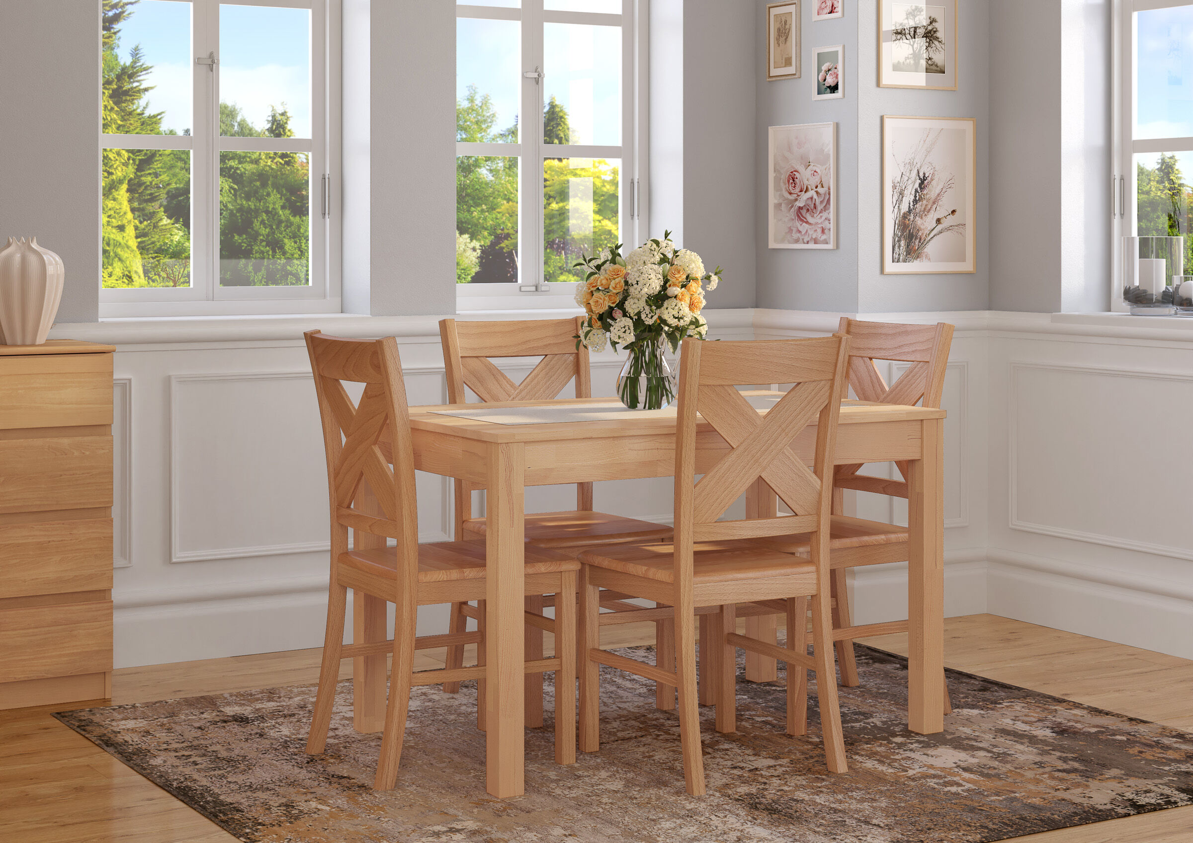 Esstisch, Holztisch, Holzstuhl, Esstischstuhl-Set, Wohnzimmer-Dekor, Vier Echtholzstühle