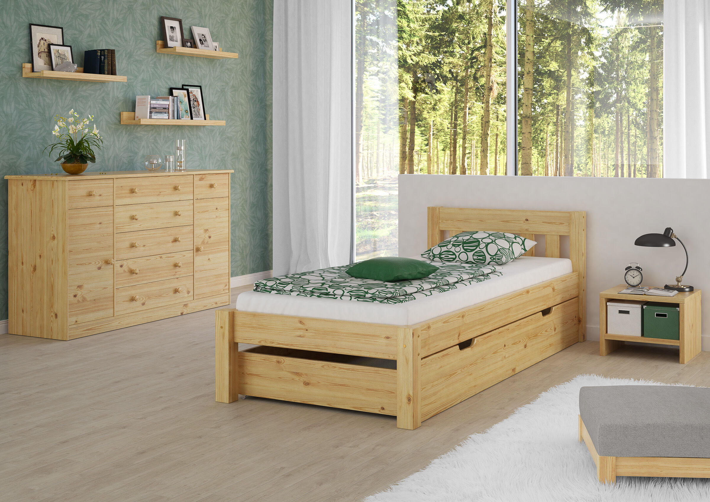 holzbetten, bett, kommode, nachtisch, grüne dekoration, Gästezimmer mit Einzelbett und Bettkasten Kiefer natur