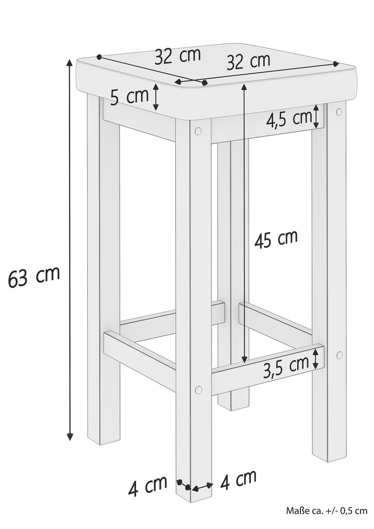 Barhocker, Holzstuhl, Sitzhöhe 63 cm, rechteckige Oberseite 32 cm, Fußstütze,