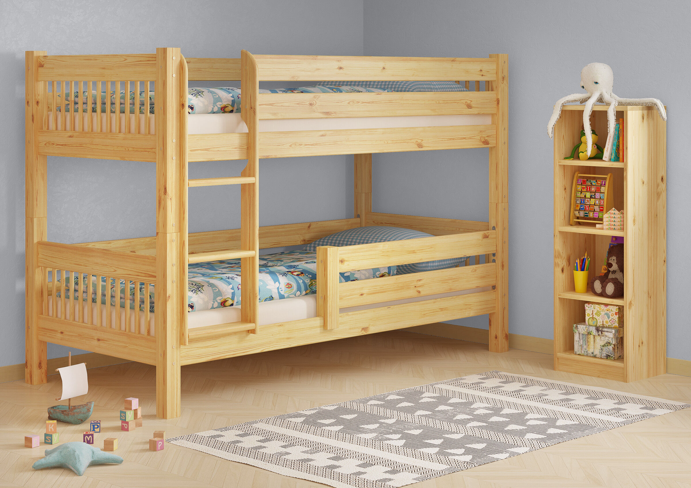 Holzbett, Stockbett, Holz Bettgestell, Etagenbett, Kinderzimmer, Kinderzimmerbild Etagenbett mit Kindersicherung