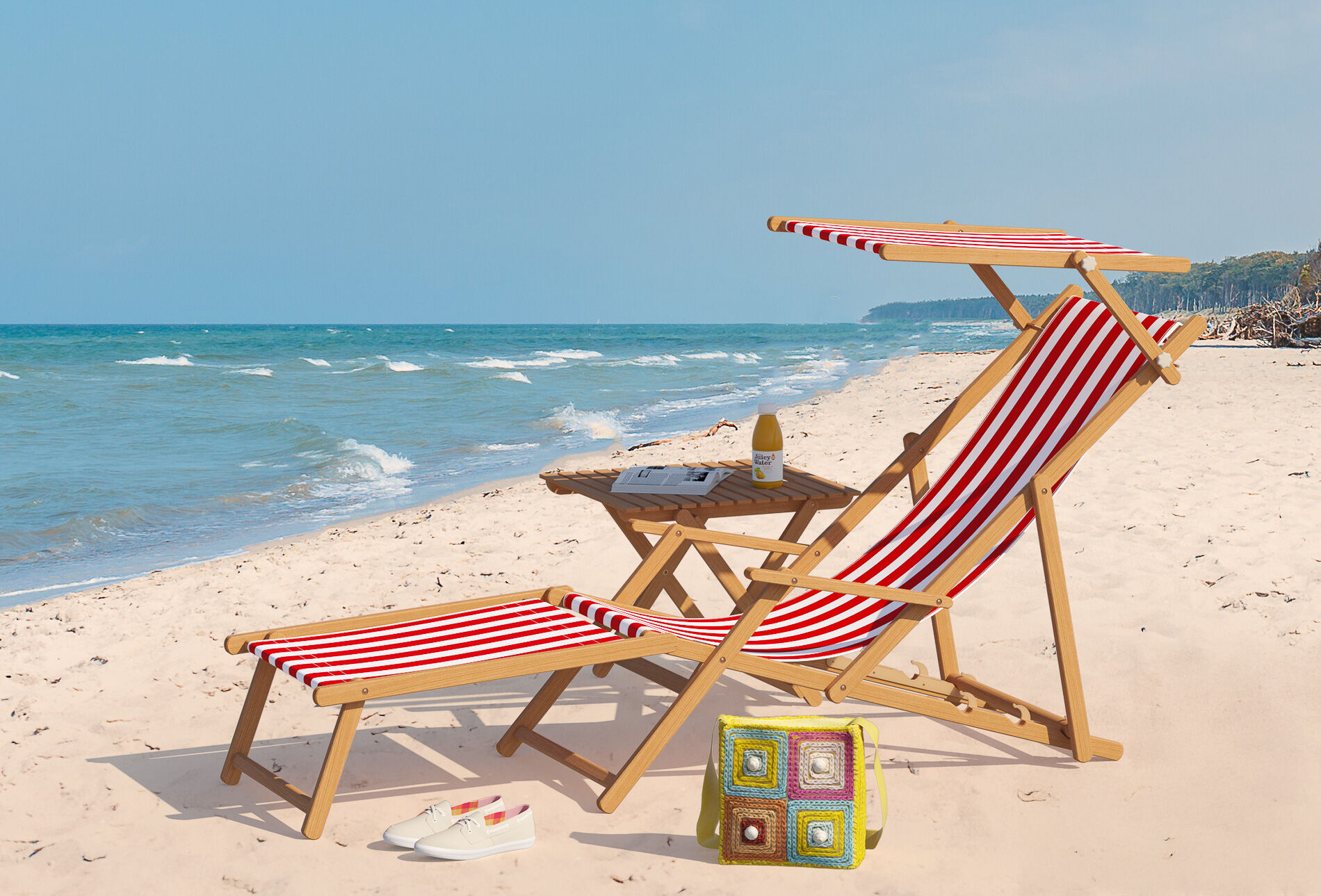 strandkorb, sonnenliege, strand, holz, sonnenschutz, Klappliege Buche mit Sonnendach und Fußteil