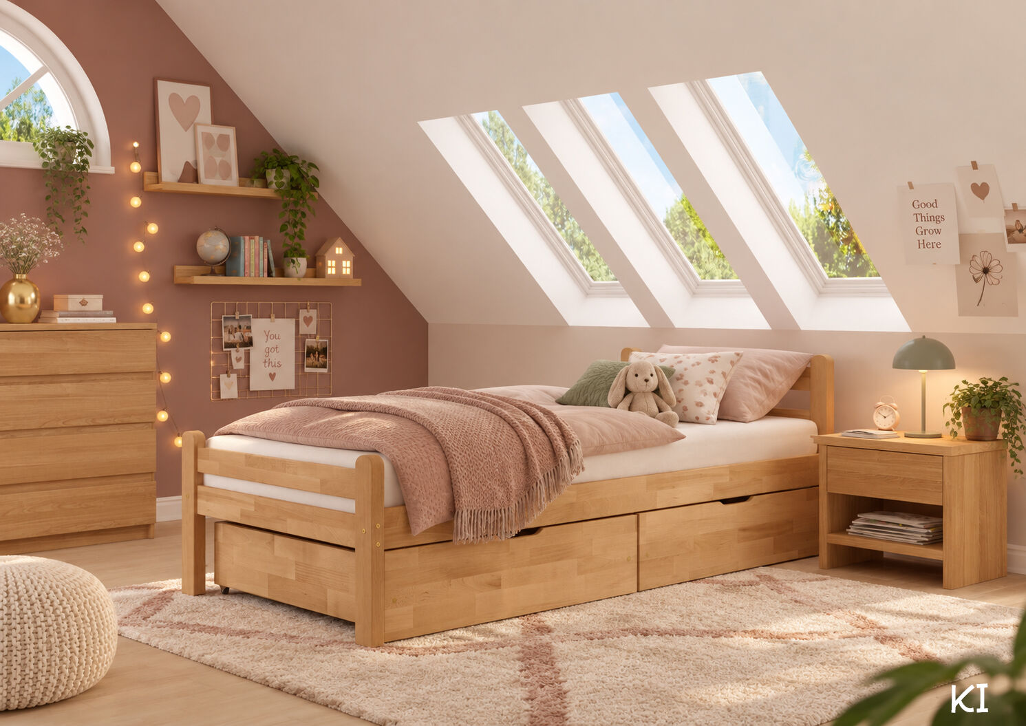 bett, holzbetten, bettkasten, dachfenster, kranenkuscheltier, Kinderzimmer Buchenbett unterm Dach