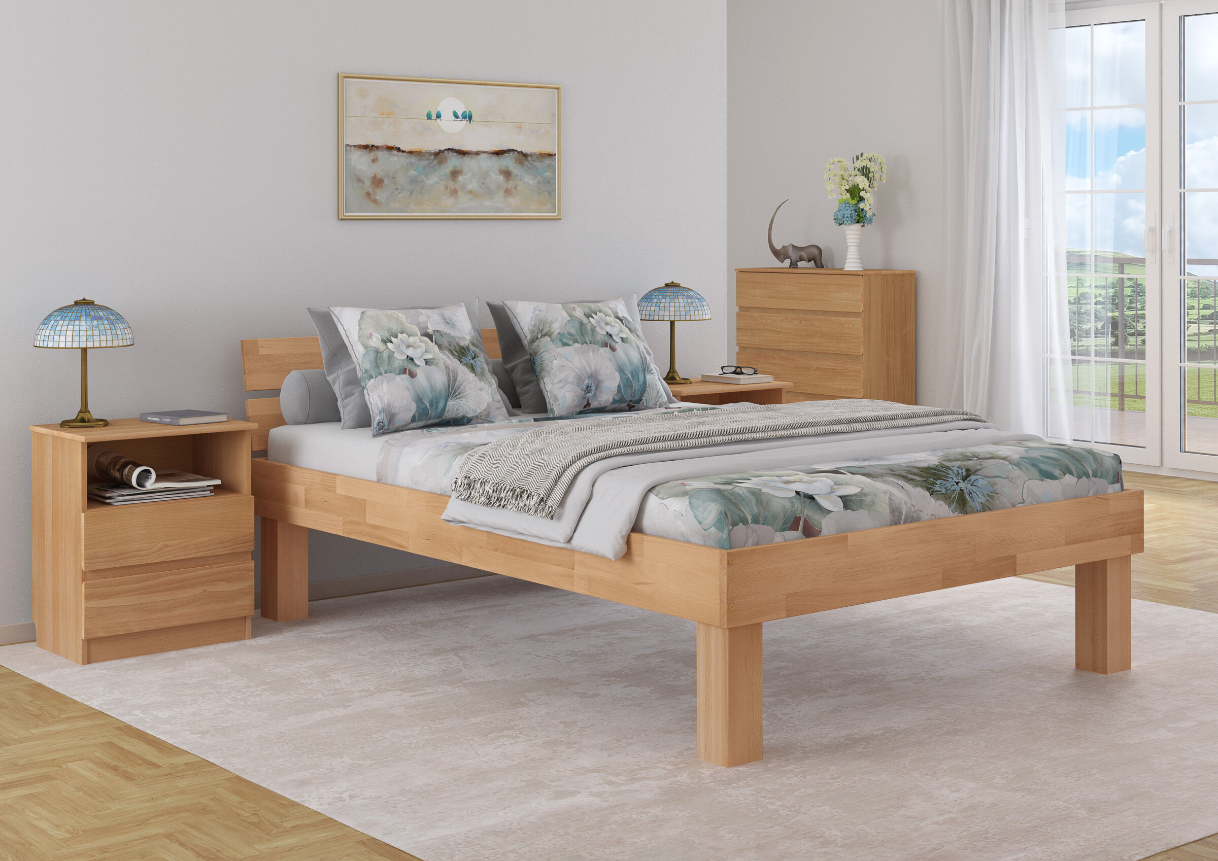 Holzbettrahmen, Holzbett, Bettgestell, Blumenmuster Bettwäsche, Nachtischschränkchen, Bettpfosten für Erhöhung