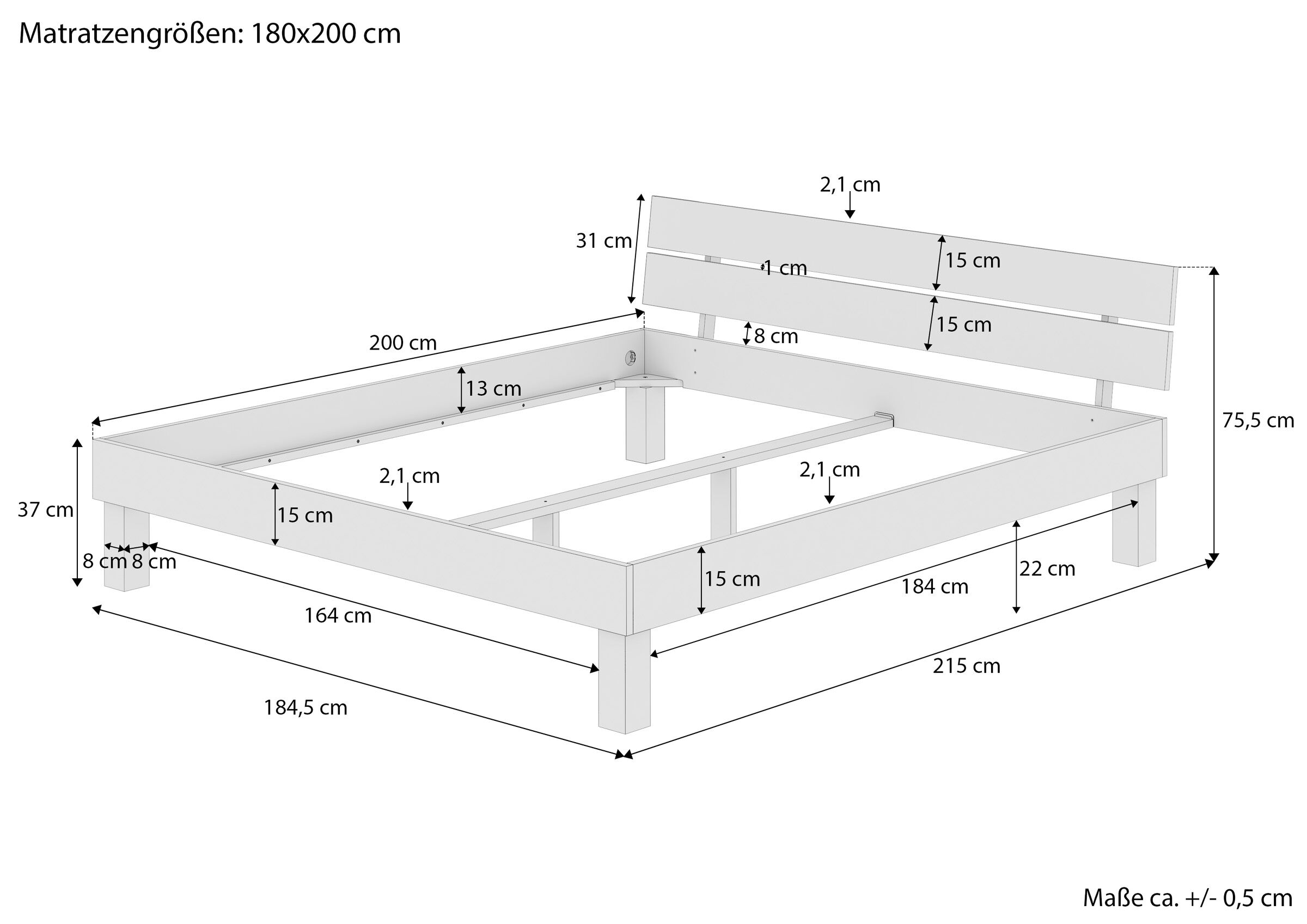 Holzbett, Bettrahmen, Bettgestell, Kopfteil, Lattenrostloses Bett, Maßskizze des Eichenbettes 180x200