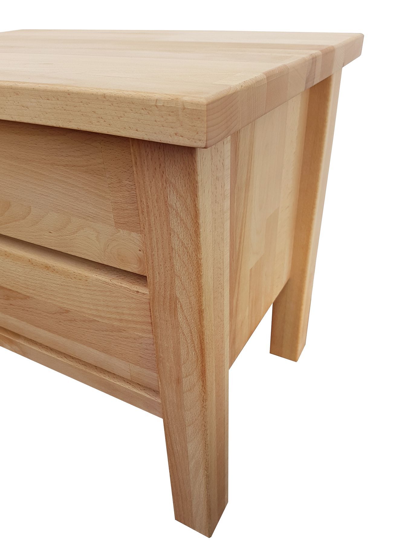 Holzkommode, Nachttisch, Nachtkommode, massivholz, Schublade, Eckdetail Holztisch Bett