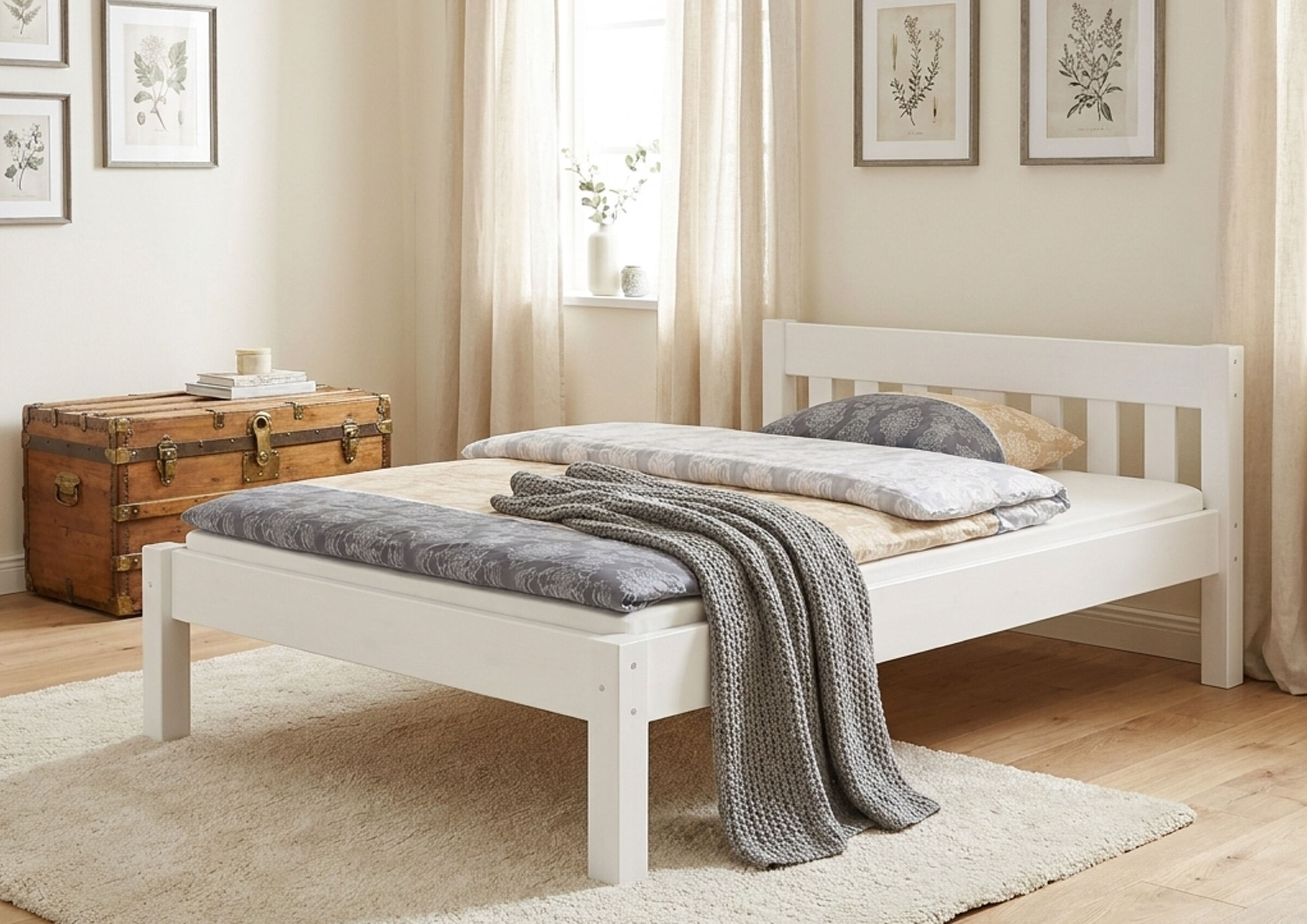 bett, holztruhe, bettgestell, decke, kissen, ruhig gestrichenes Schlafzimmer mit französischem Doppelbett