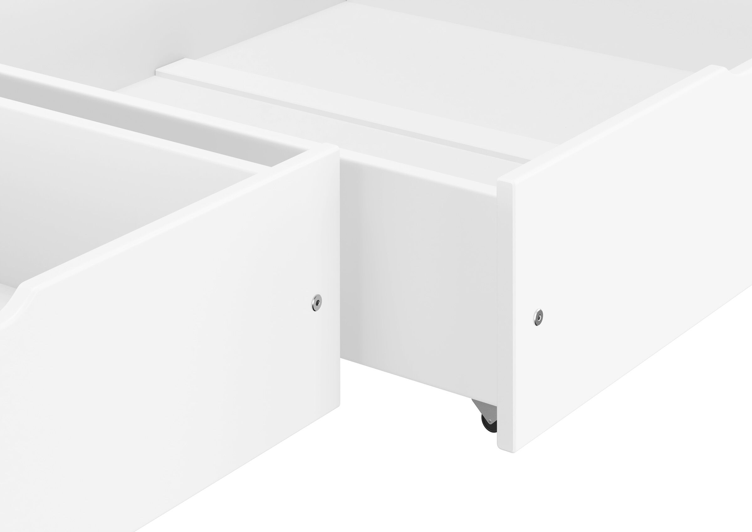Bettschublade, Schublade, Weiß, Möbelteil, Rollenboden, Detailbild der Schublade aus Buche