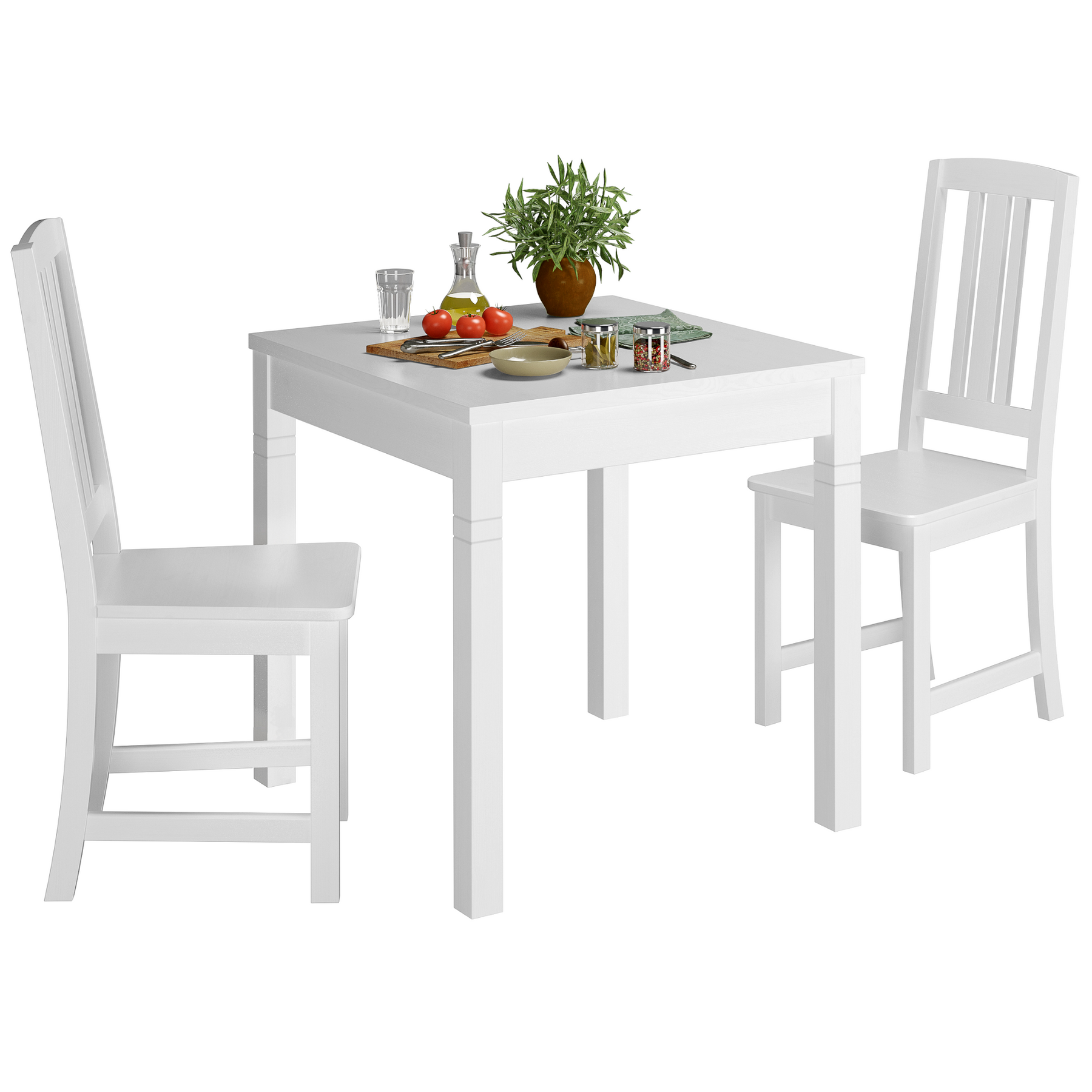 Esstisch, weißer Tisch, Vierbeiniger Tisch, Holztisch, Küche, Essgruppe aus massiver Kiefer mit Deko, Stuhlmodell 22, waschweiß lackiert, 75 x 75 cm, Tischbeine mit dekorativen Querrillen