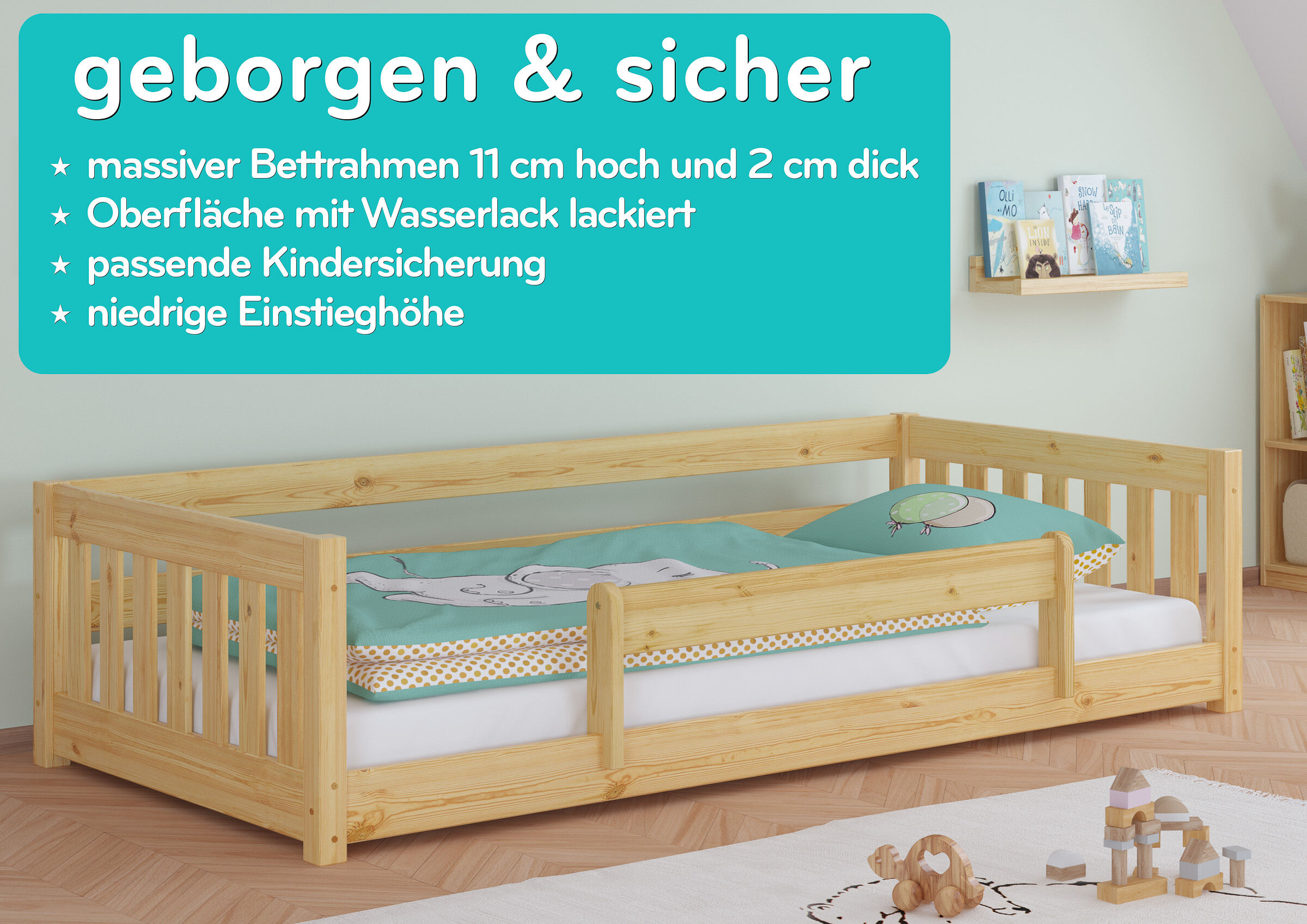 Kinderbett, Holzbett, Bettgestell, Krabbelteppich, Spielzeug, Rundumschutz Kinderbett
