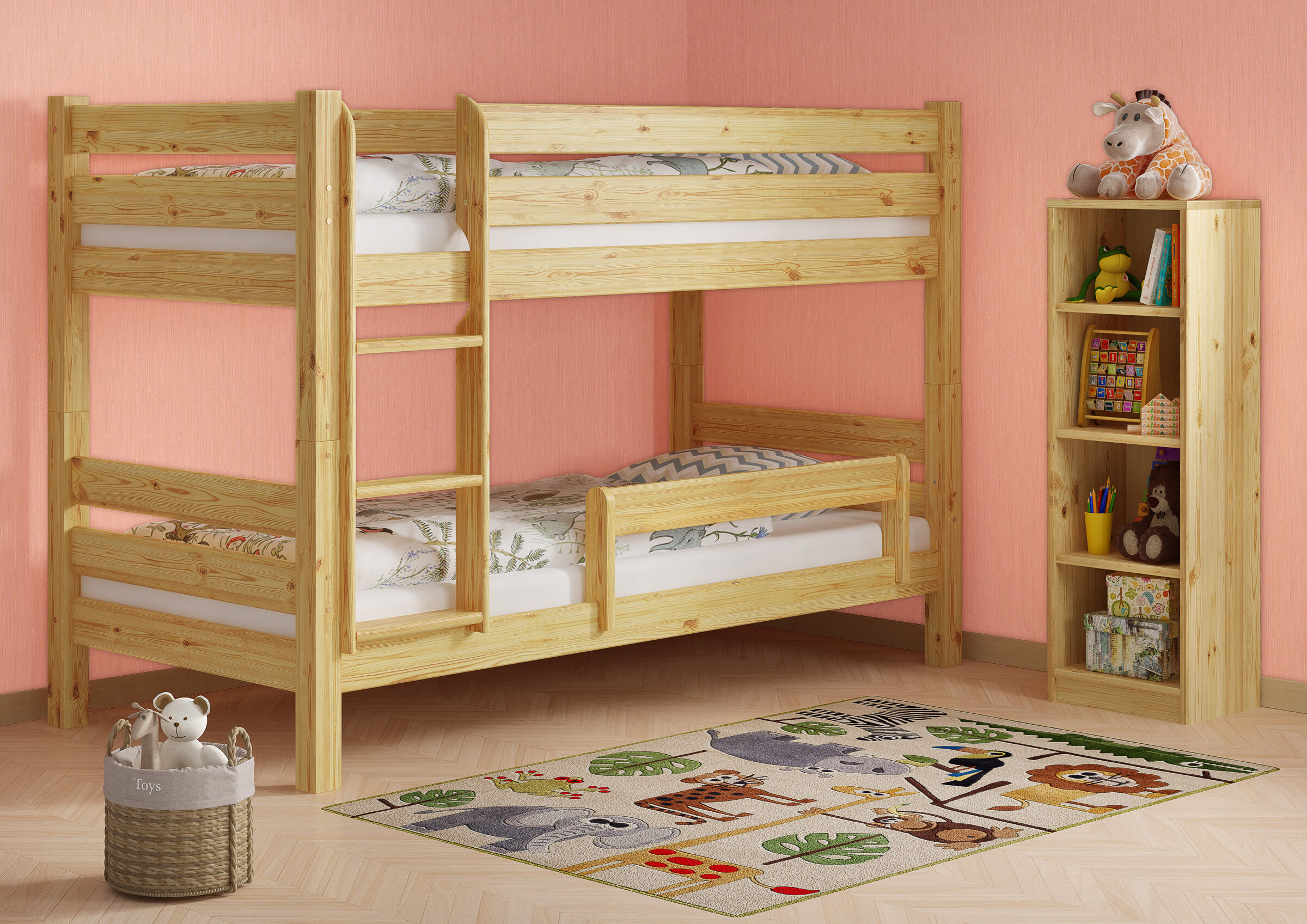 Etagenbett, Kinderbett, Holzbetten, Kiefernholz, Kieferbett, Rausfallschutz für Kinderbett