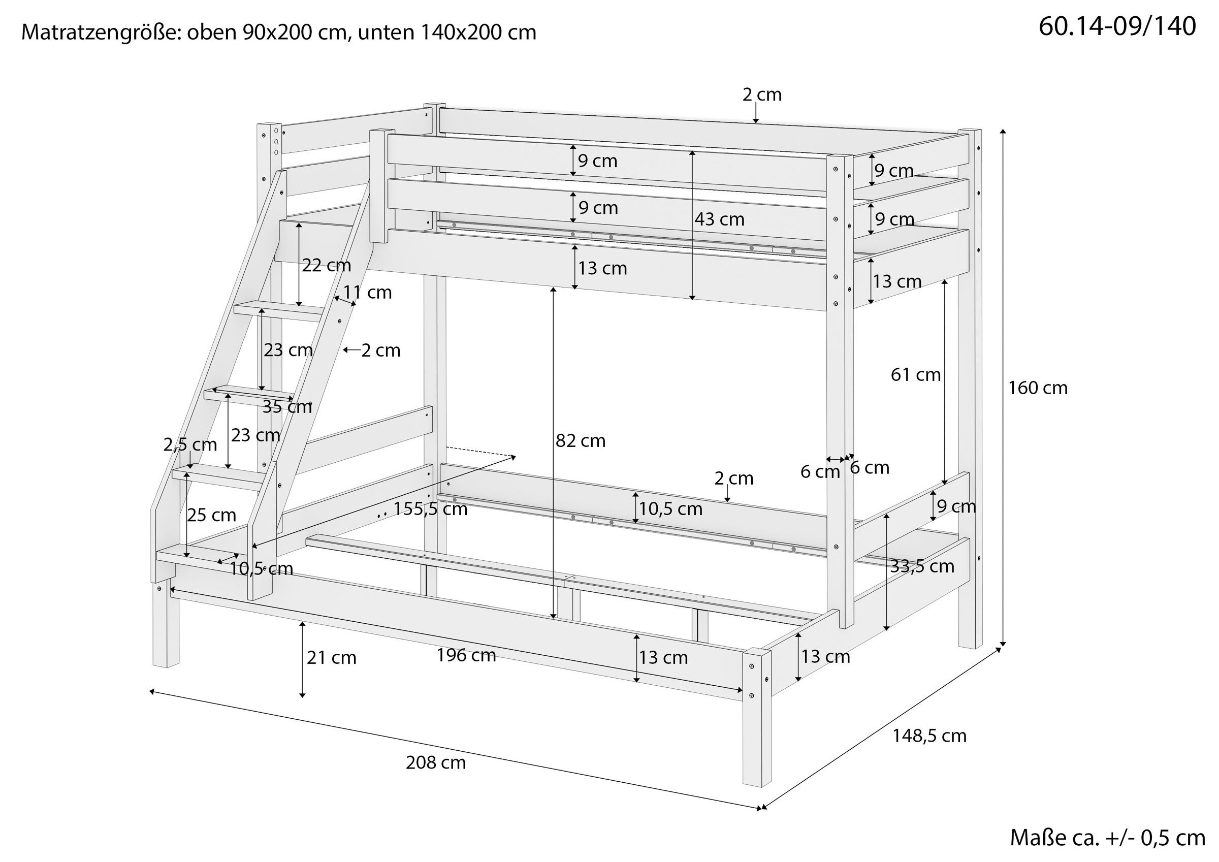 Hochbett, Kinderbett, Aufbaubett, Holzbett, Lattenrostmtp, Maße des Stockbettes 90x200 und 140x200