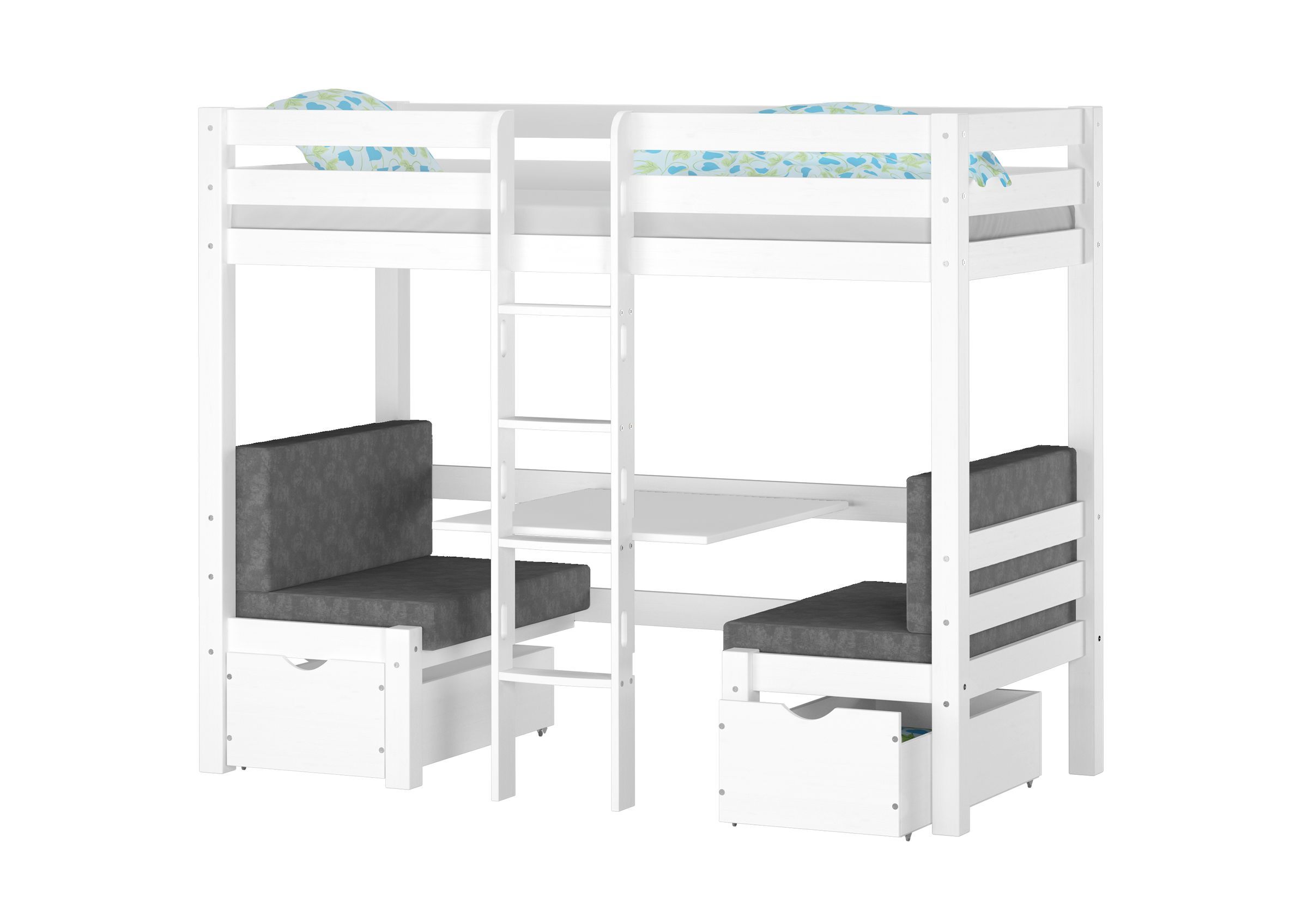 Etagenbett, Stockbett, Weißes Bett, Etagenbett mit Leiter, Schubladenunterbett, Kinderfunktionsetagenbett Kiefer waschweiß