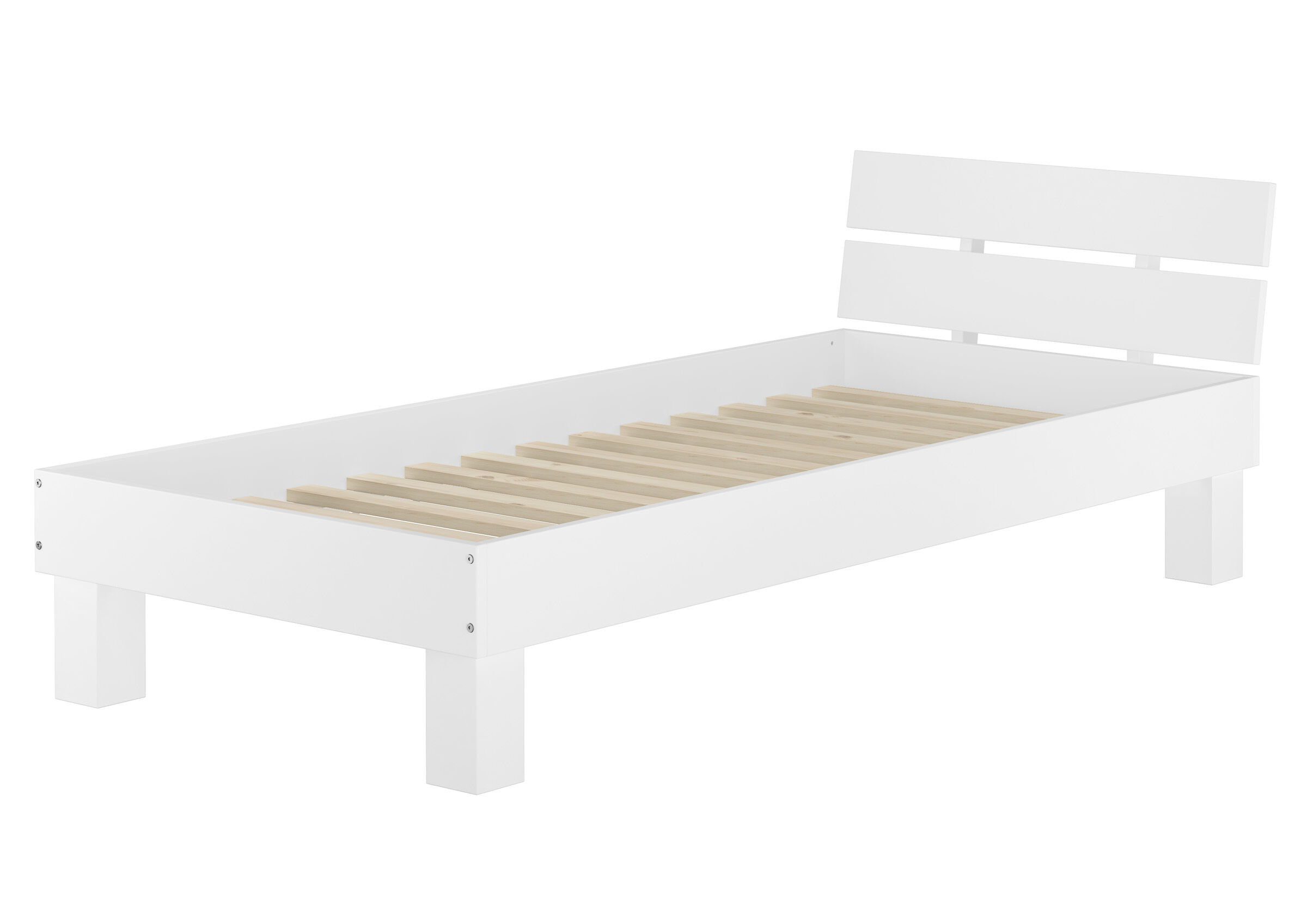 Holzbett, Einzelbett, weiße Farbe, Lattenrost, Holzlatten, Klassisches Buchenholzbett 100x200 mit Rollrost