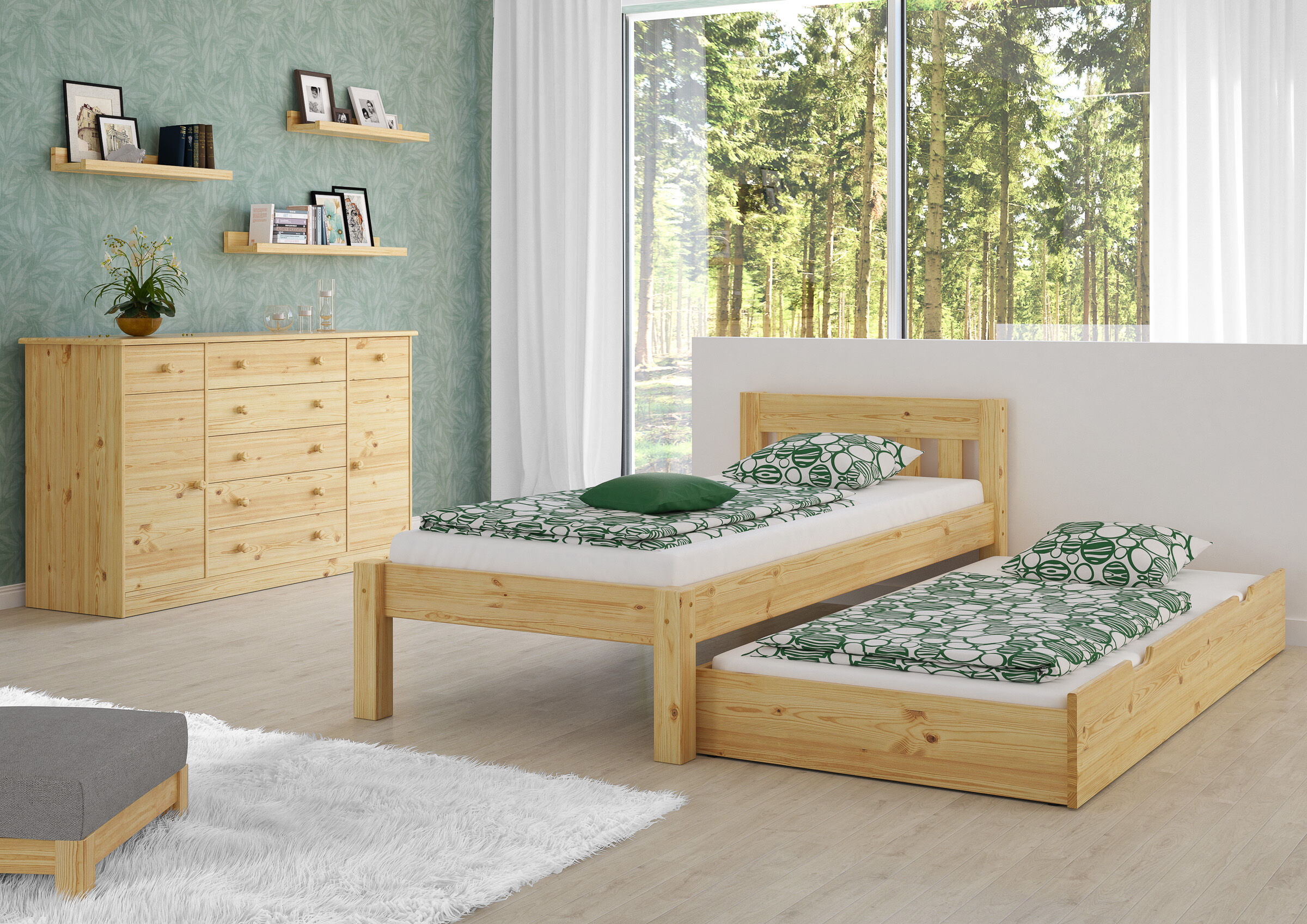 Holzbetten, zwei Betten, Jugendzimmer, Naturholz, Bettgestell, Zimmerbild mit Einzelbett und Gästebettkasten Kiefer natur