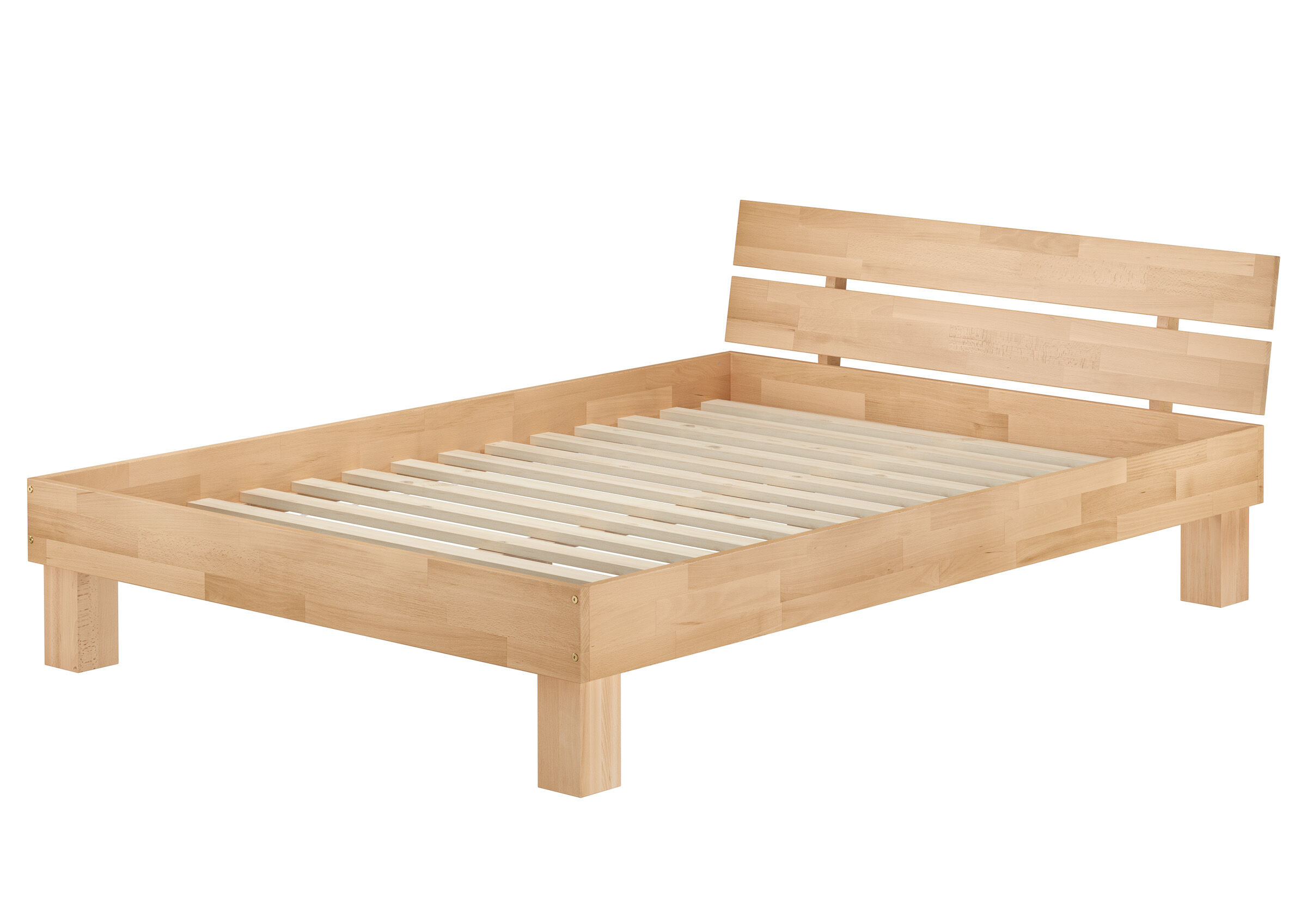Holzbett, Lattenrost, Kopfteil, Bettgestell, Naturholz, Schlichtes Massivholzbett 160x200 aus Buche mit Rollrost
