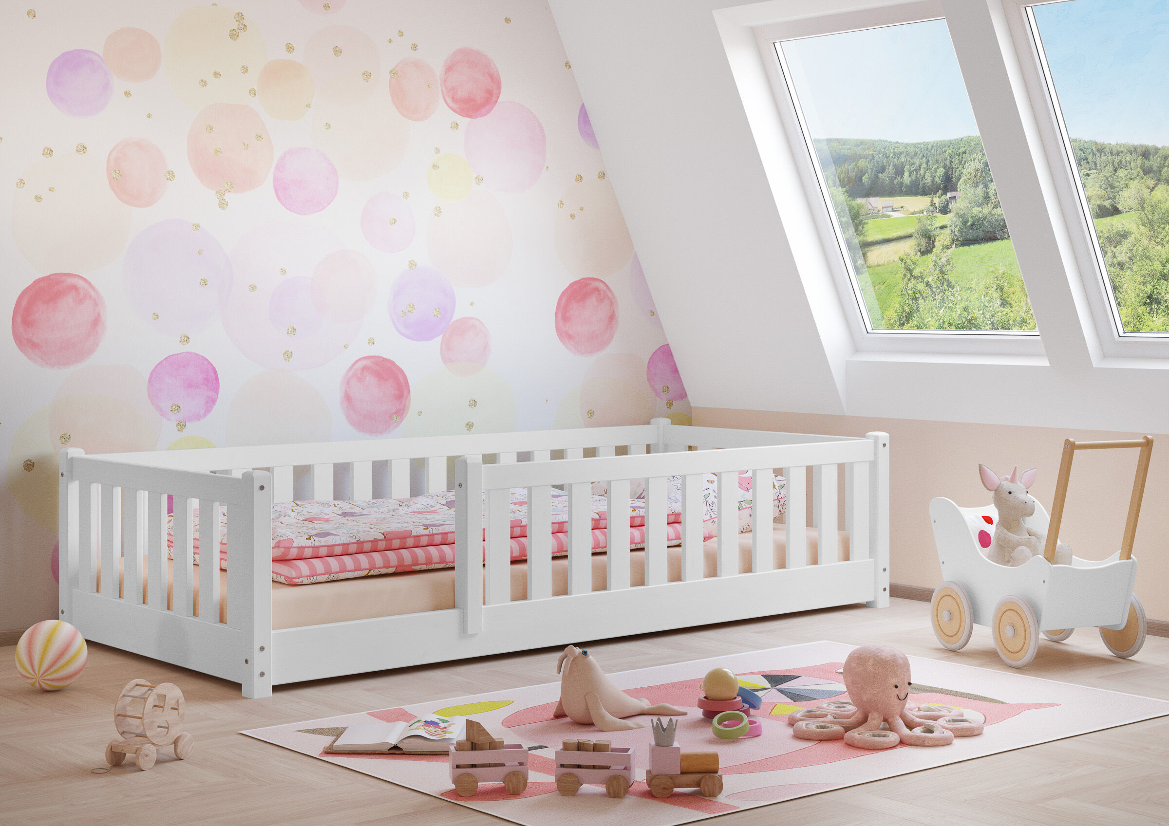 Kinderbett, Babybett, Weiß, Holz, Musterballons, Schönes Futon 80x180 für Kinder aus Kiefernholz