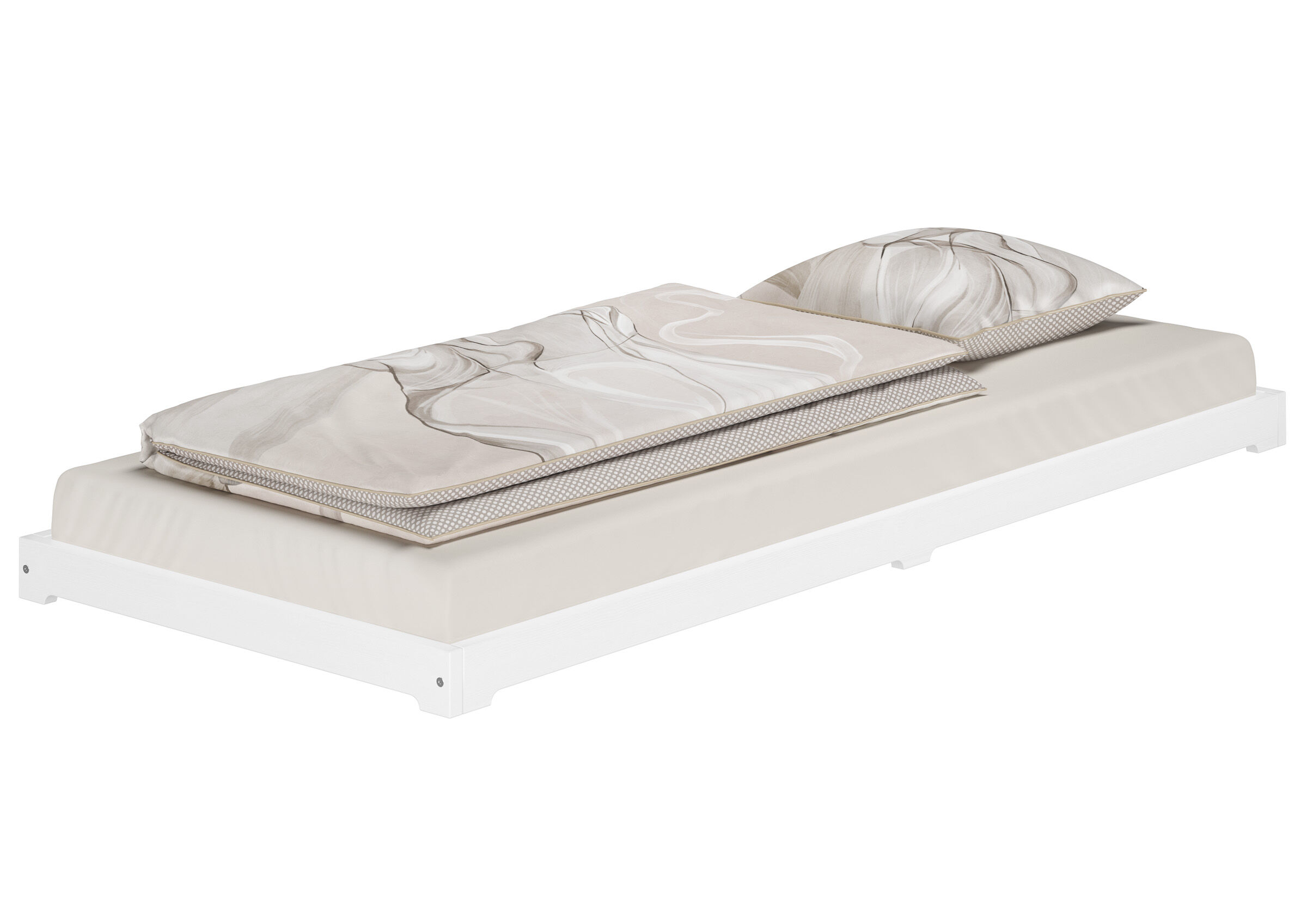 Moebel, Matratze, Bett, Kissen, Dekoration für Zuhause, Elegantes waschweißes Niederflurbett 80x190
