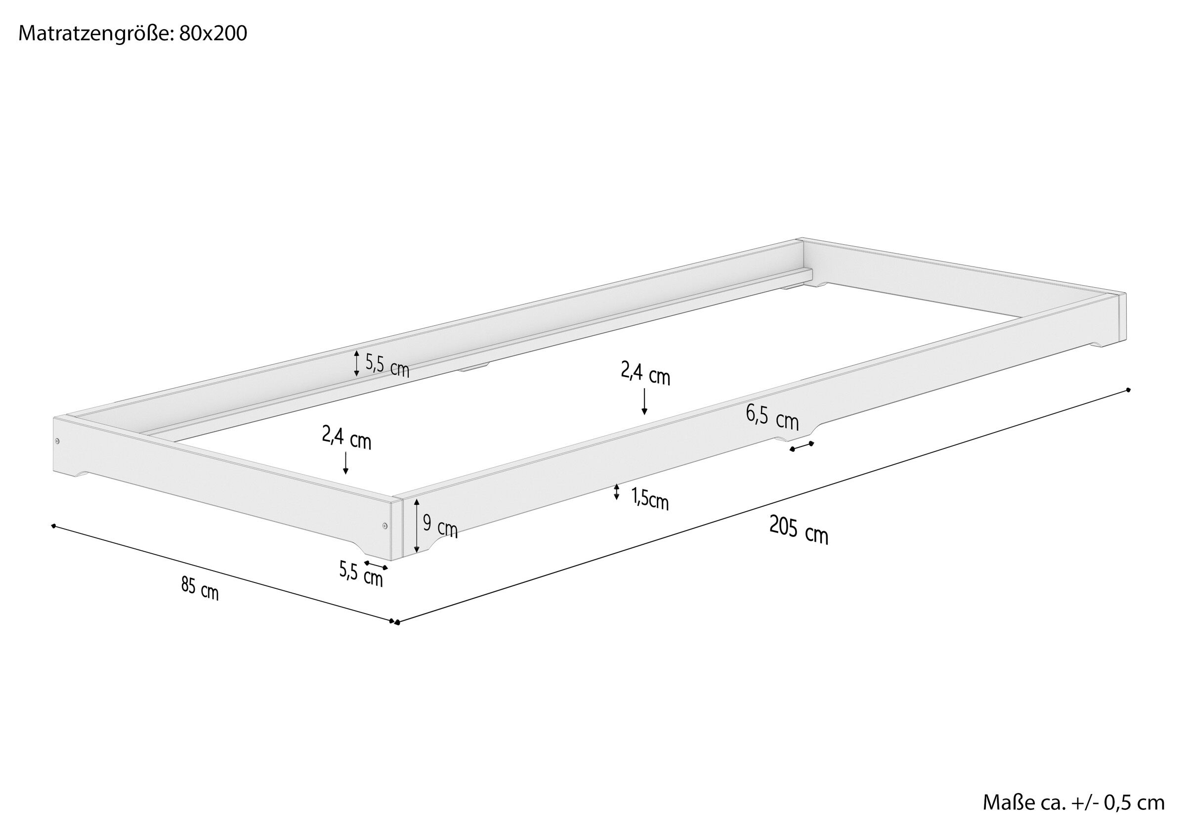 Maßskizze Niederigflurbett 80x200