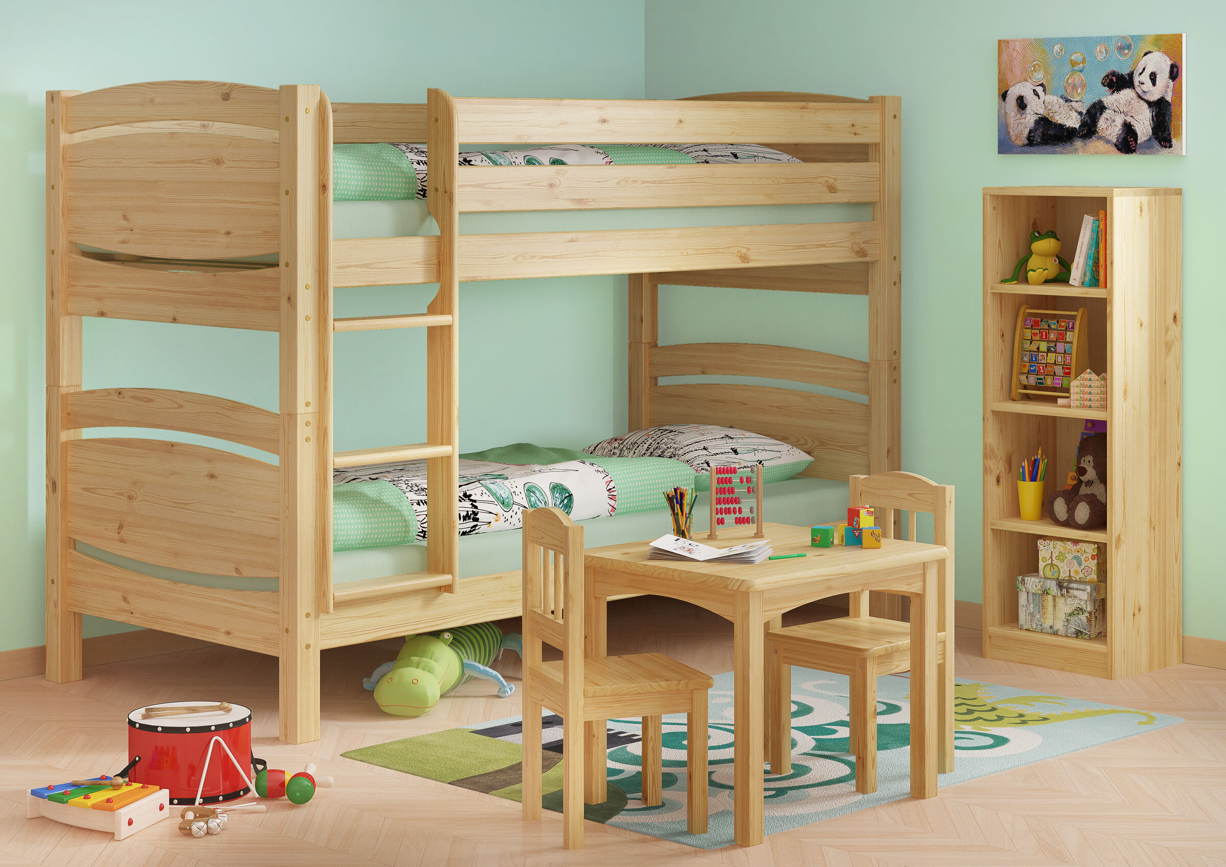 Einschlafzimmer, Etagenbett, Holz, Kinderzimmer, Spielzeugregal, Kinderzimmer mit Etagenbett und Kindersitzgruppe