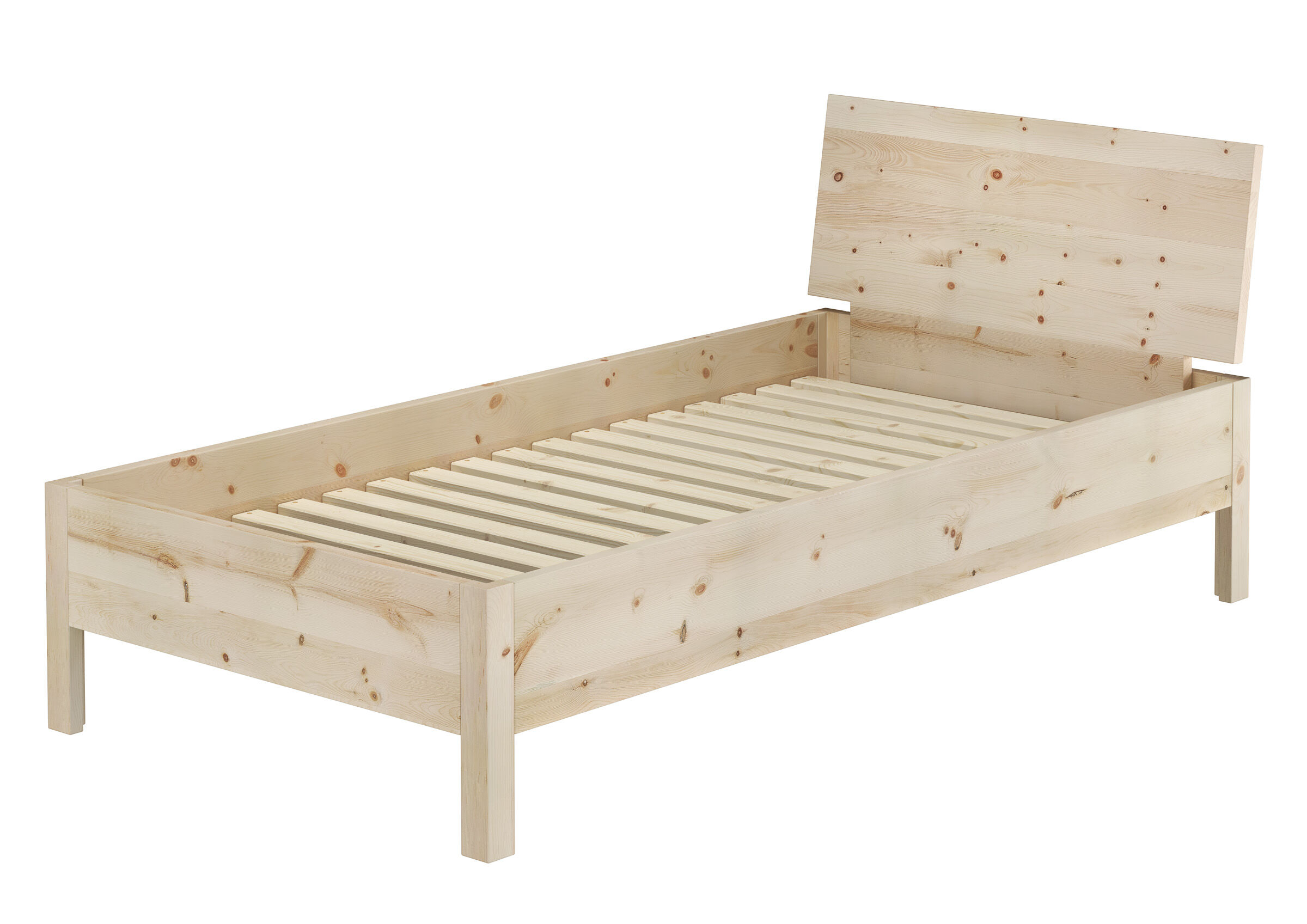 Holzbett, Kopfteil, Holzlattenrost, Naturholz, Einzelbett, Stabiles Echtholzbett 90x200 mit starrem Rost