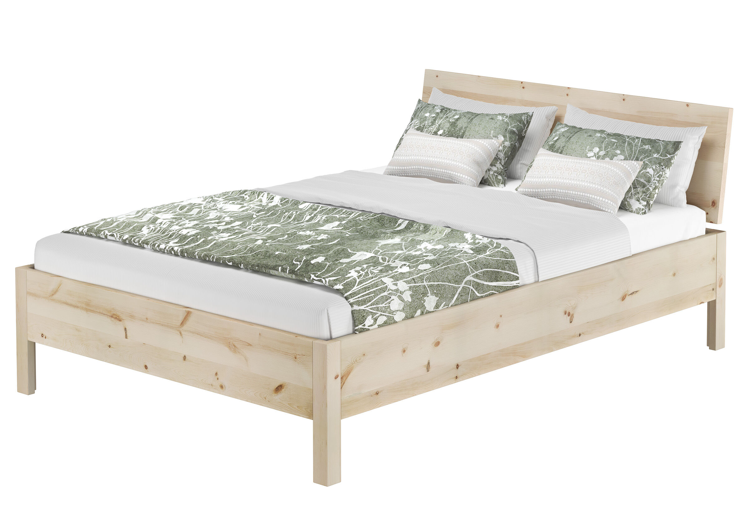 Bettgestell, Holzbettrahmen, Kopfteil Holz, Bettplatte, Grüne Bettwäsche, Elegantes Doppelbett 140x200 metallfrei