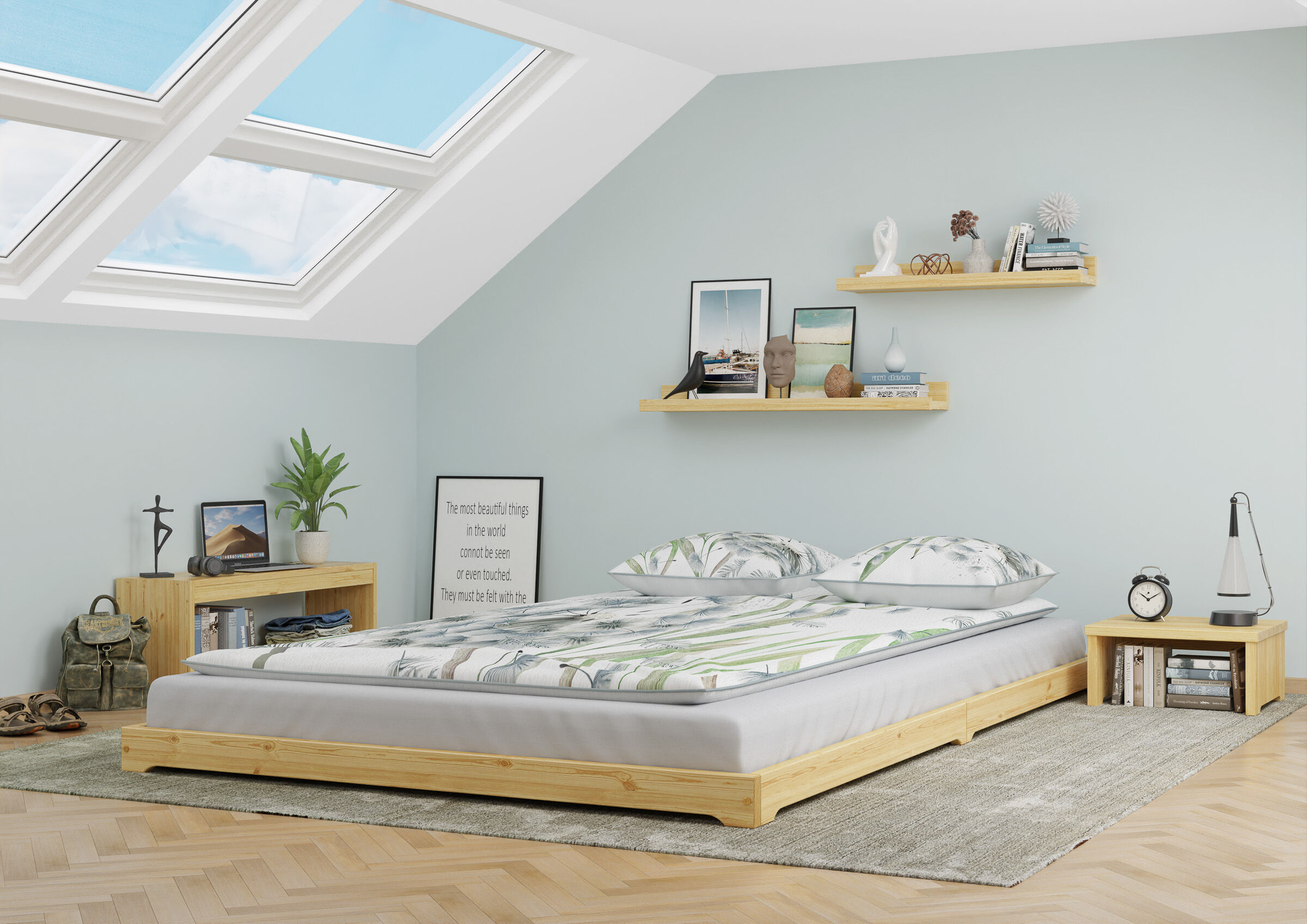 bettgestell, schlafzimmer, matratze, kissen, bettwäsche, Stabiles Vollholzbett 140x220 im Schlafzimmer