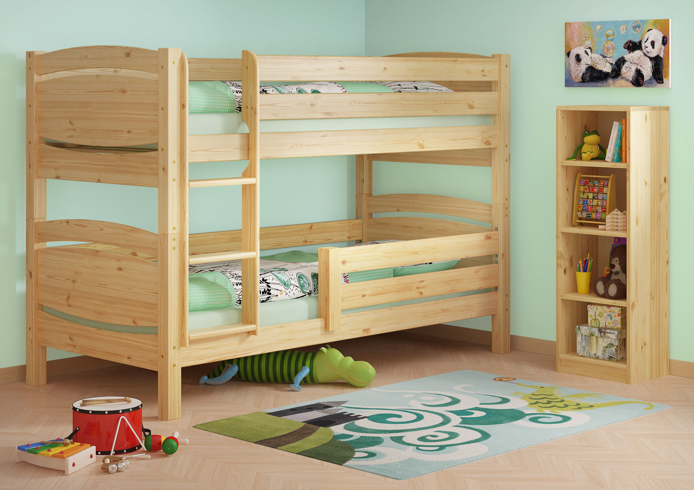 holzbettrahmen, stockbett, kindbett, kubelbrett, spielzimmer, Kinderzimmerbild Etagenbett mit Kindersicherung