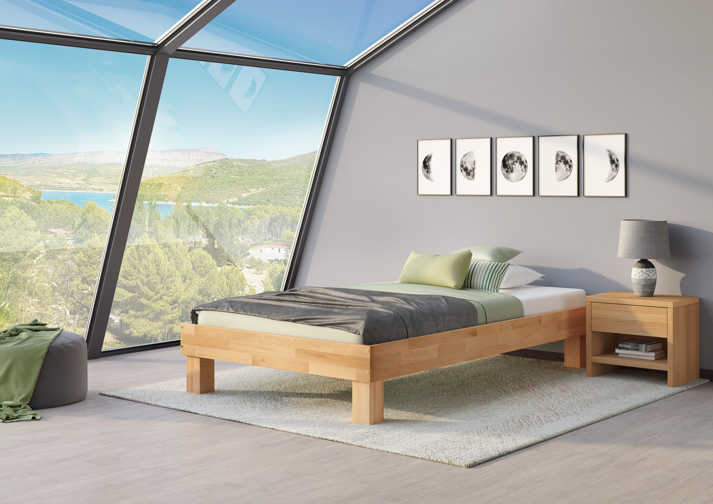 bett, holzbettrahmen, nachtisch, lampen, bilderreihe, Zimmerbild mit Buchebett und Nachttisch
