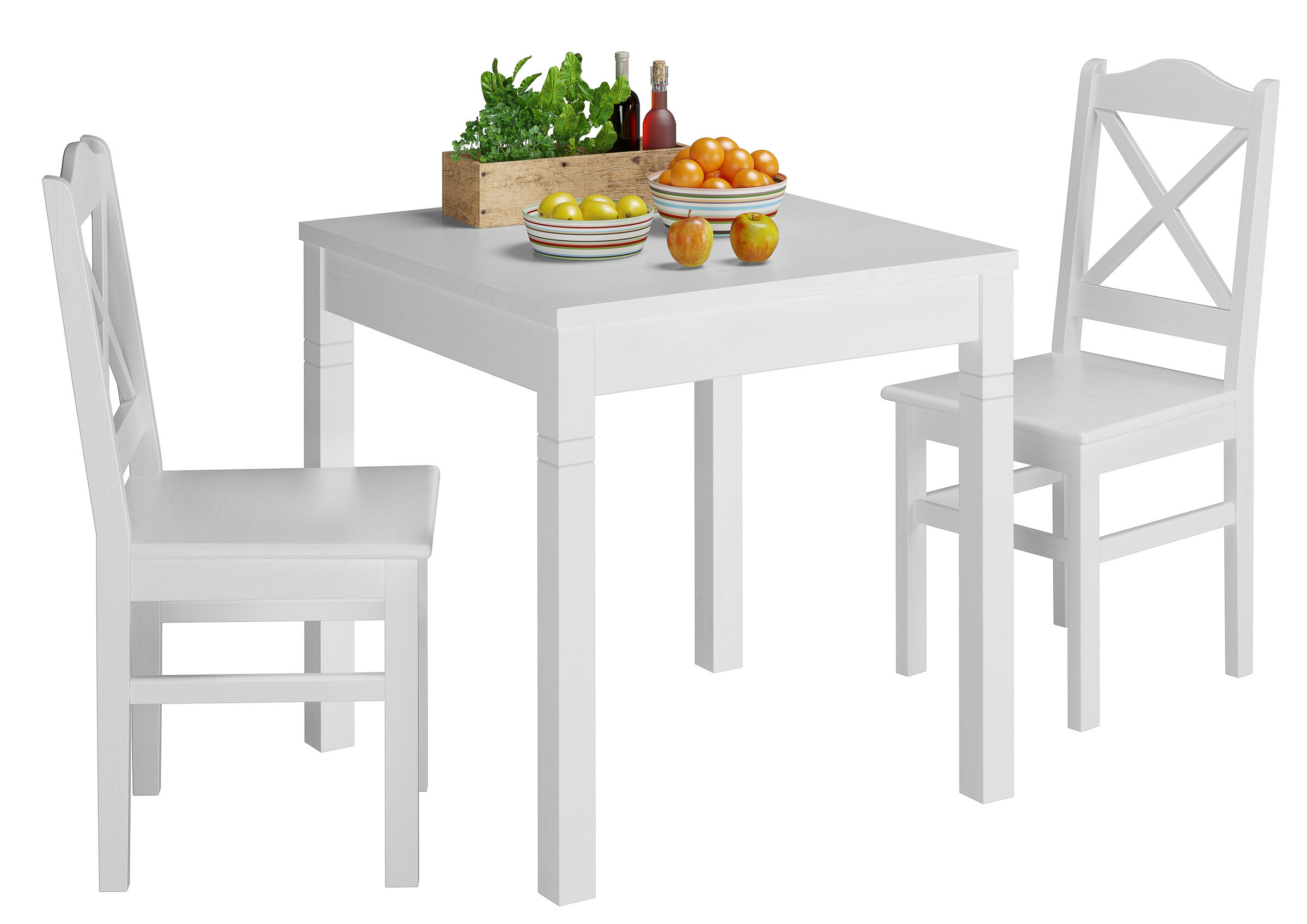 Esstisch, weiße Möbel, Holztisch, Küche, Korb mit Obst,