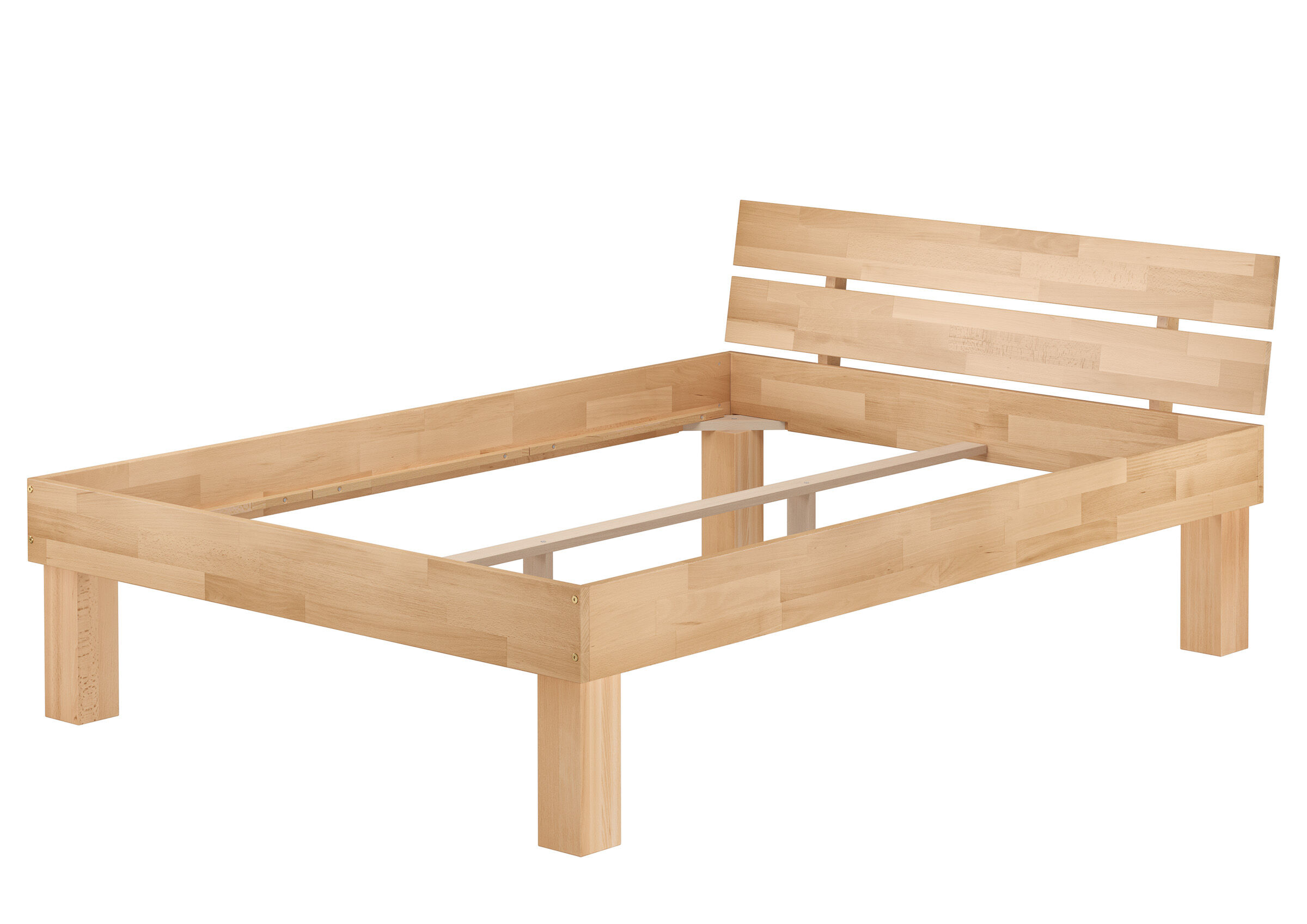 Klassisches Doppelbett 160x200 aus buche mit zweierlei Füßen Zeitloses Futonbett 160x200 mit Kopflehne und zweierlei Füßen