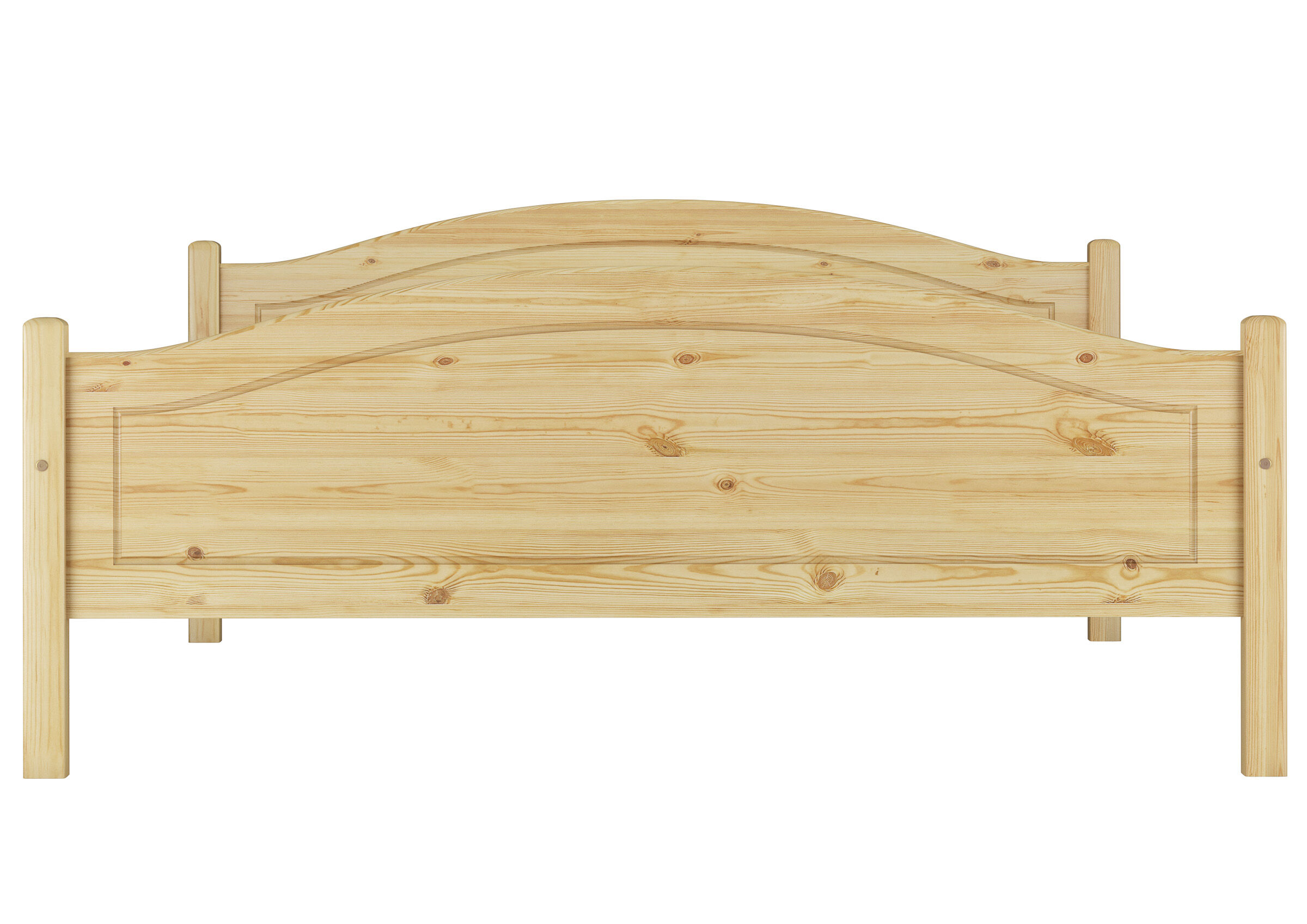 Kopfteil, Holzbett, Naturholz, Bettrahmen, Kastenverzierungen, Vorderansicht Doppelbett Kiefer natur