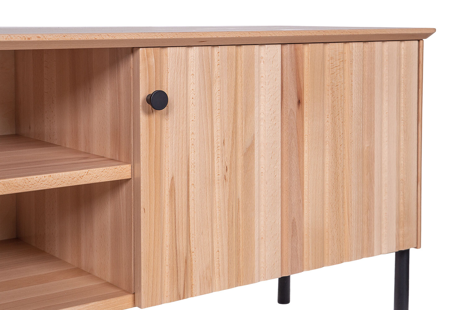 Holzsideboard, Schublade, Griff aus Metall, Küchenmöbel, Holzmaserung, Geriffelte Türe des TV-Schranks